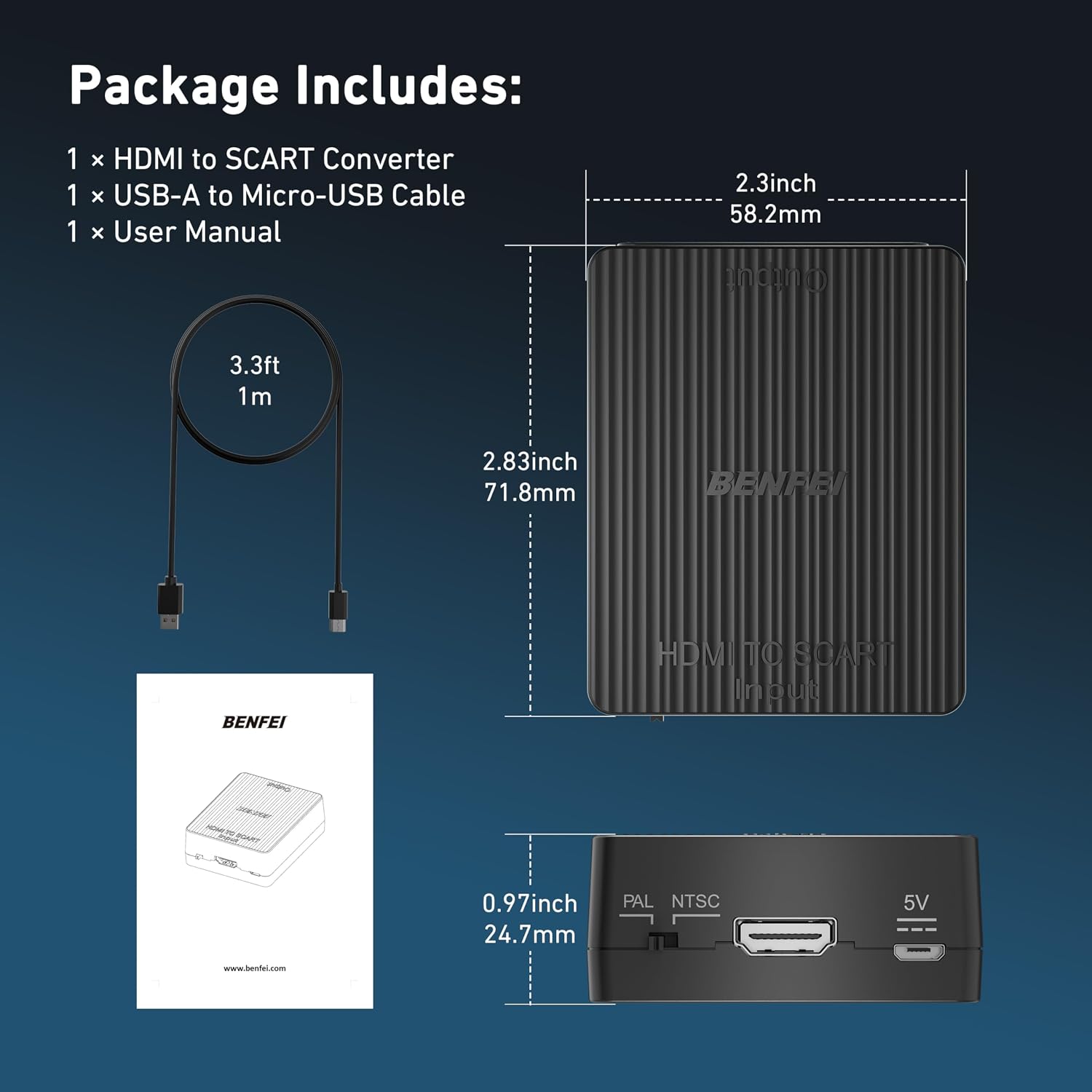 Detalle de BENFEI HDMI to Scart Adapter (HDMI to SCART) – 1080p/720p, PAL/NTSC, 18‑month warranty