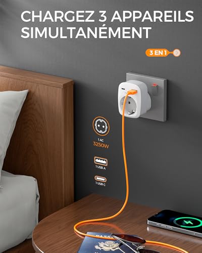Thumbnail 3 de TESSAN lot de 2 adaptateurs UK Type G avec USB-C, USB-A et prise Schuko