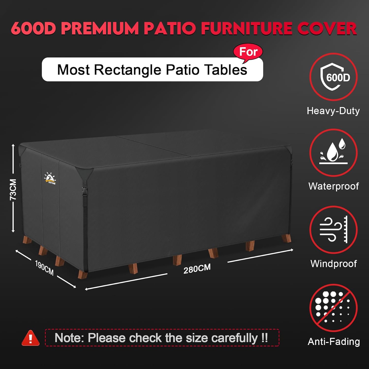 Detalle 2 de Zettum 280x190x73cm Large Rectangular Garden Furniture Cover (600D) for Table and Chair Set