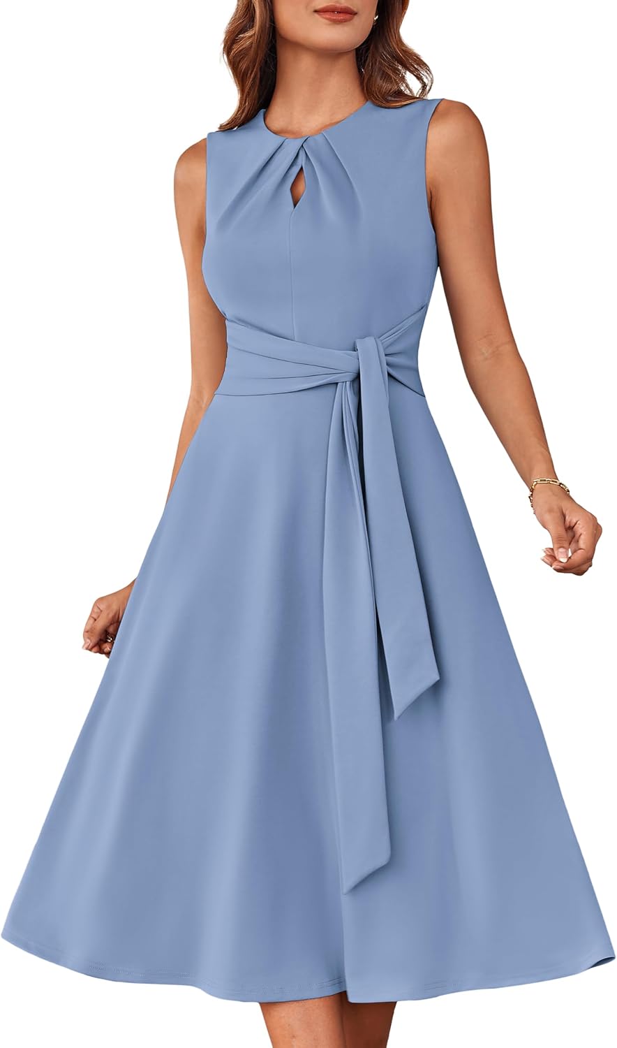 Detalle de Grace Karin Damen A-Linien-Midikleid – Ärmelloses Rundhalskleid mit Gürtelband