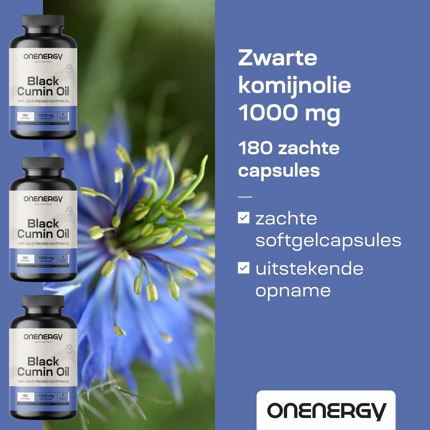 Detalle de ONENERGY zwarte komijnolie 1000 mg, koudgeperst, 180 zachte capsules