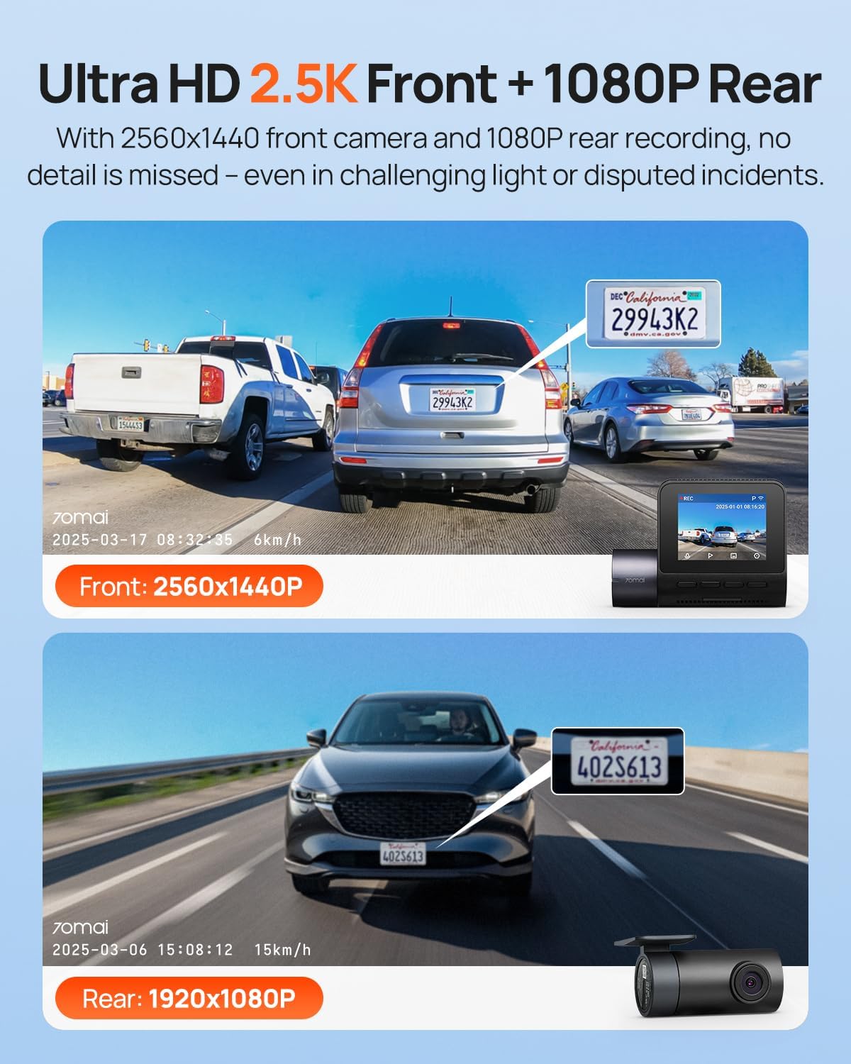 Thumbnail 1 de 70mai Dash Cam Front and Rear A410 (2.5K+1080P) with HDR, GPS & Wi‑Fi, 64GB card included