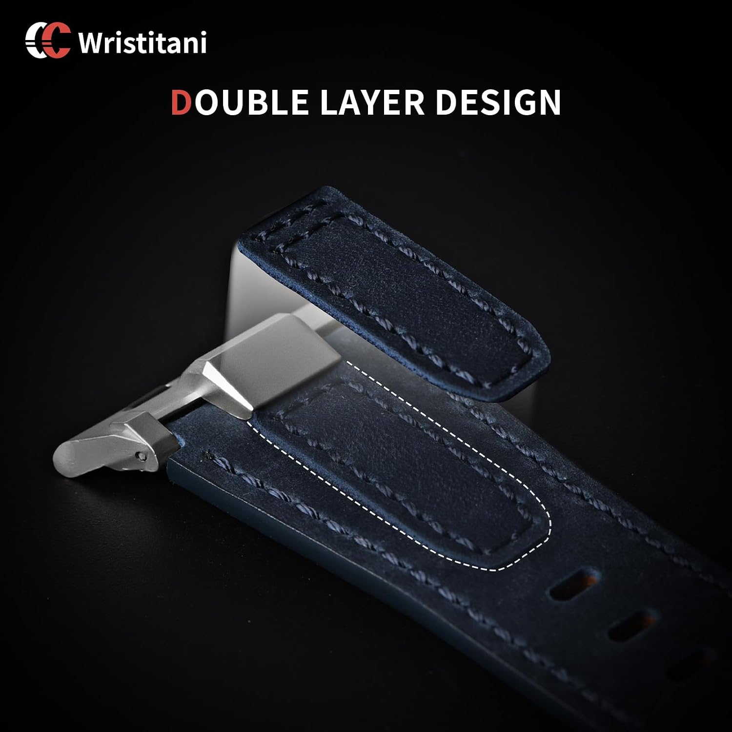 Detalle de Bracelet en cuir Wristitani pour Apple Watch 42–49 mm — compatible Ultra/Series, cuir véritable et patine naturelle
