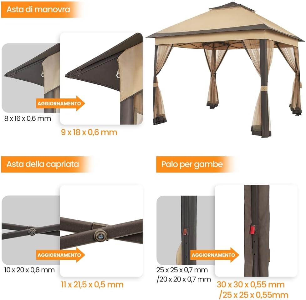 Thumbnail 6 de Yaheetech Gazebo da Giardino 330x330x271-291 cm: struttura robusta, doppio tetto e pareti in rete, colore kaki
