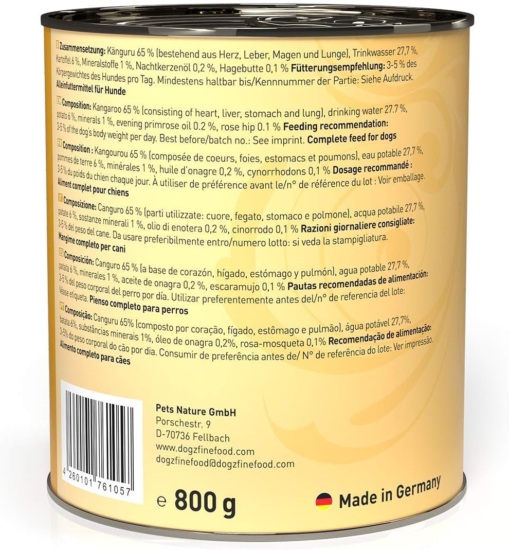 Detalle de dogz finefood N° 6 mokra karma z kangurem, bez zbóż i dodatku cukru, 6 × 800 g