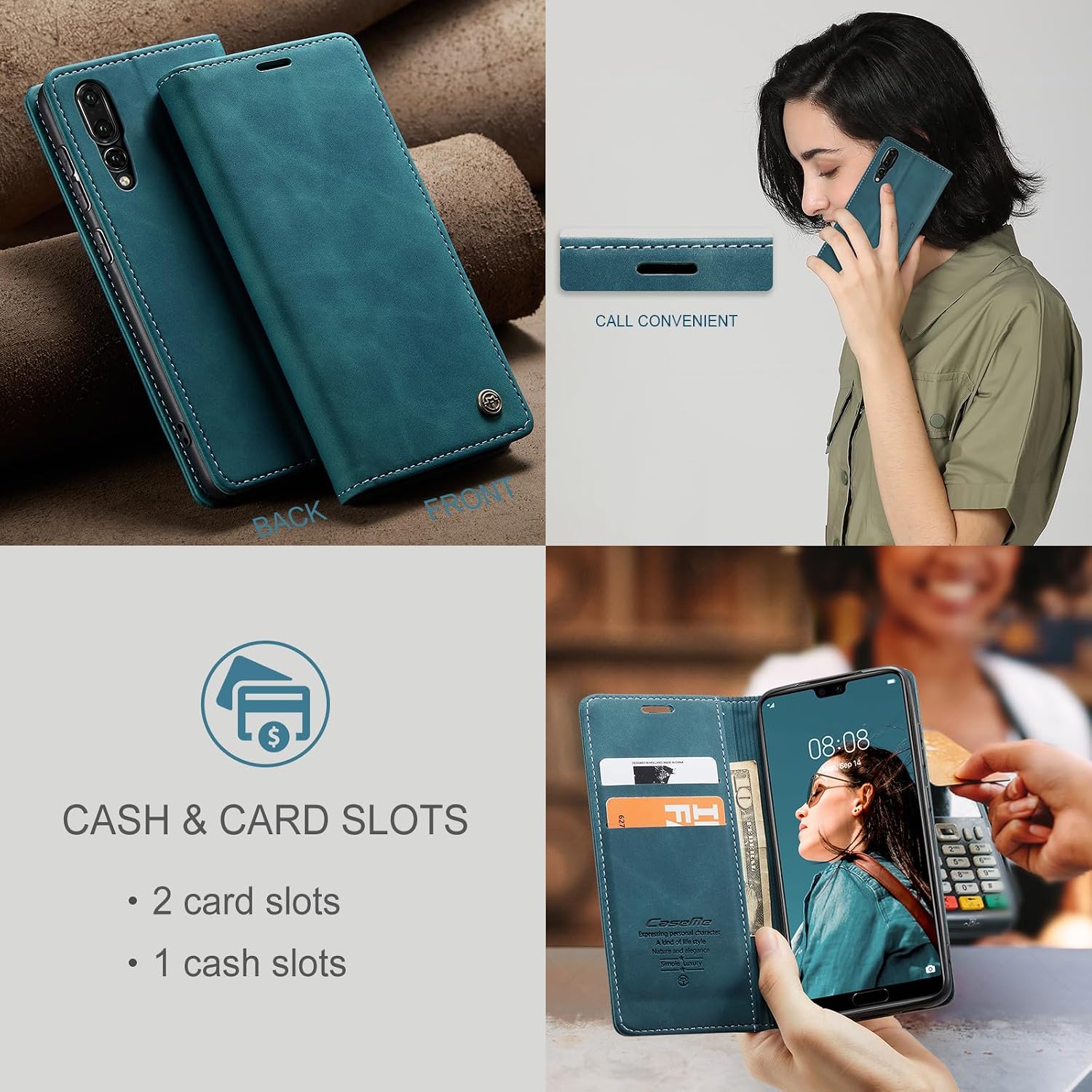 Thumbnail 5 de Cracedily Wallet Case for Huawei P20 Pro: Blue-Green Leather Flip with Card Holder