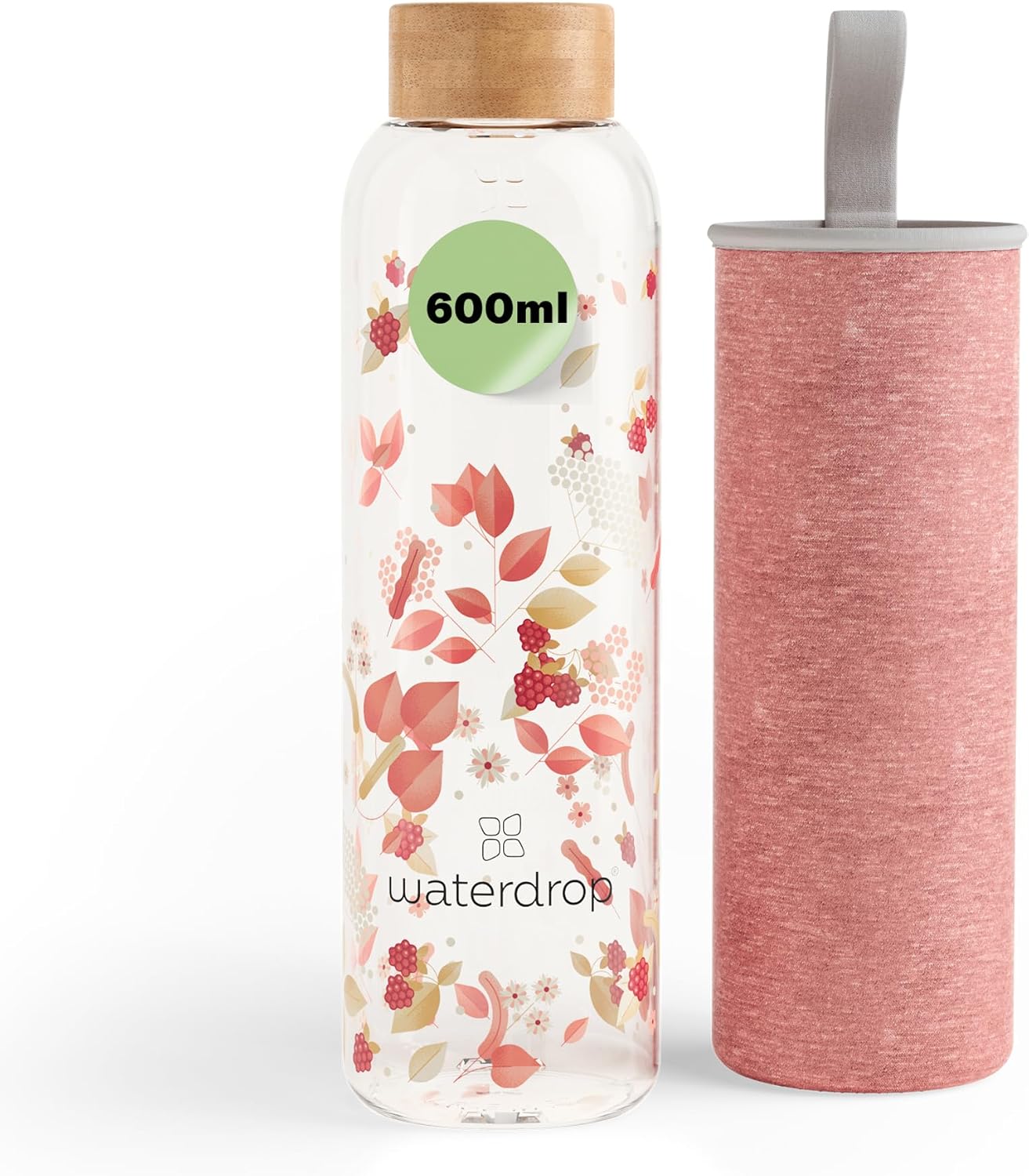 Thumbnail 6 de waterdrop Borraccia in Vetro 600ml – design personalizzabile, tappo in bambù e custodietta in neoprene