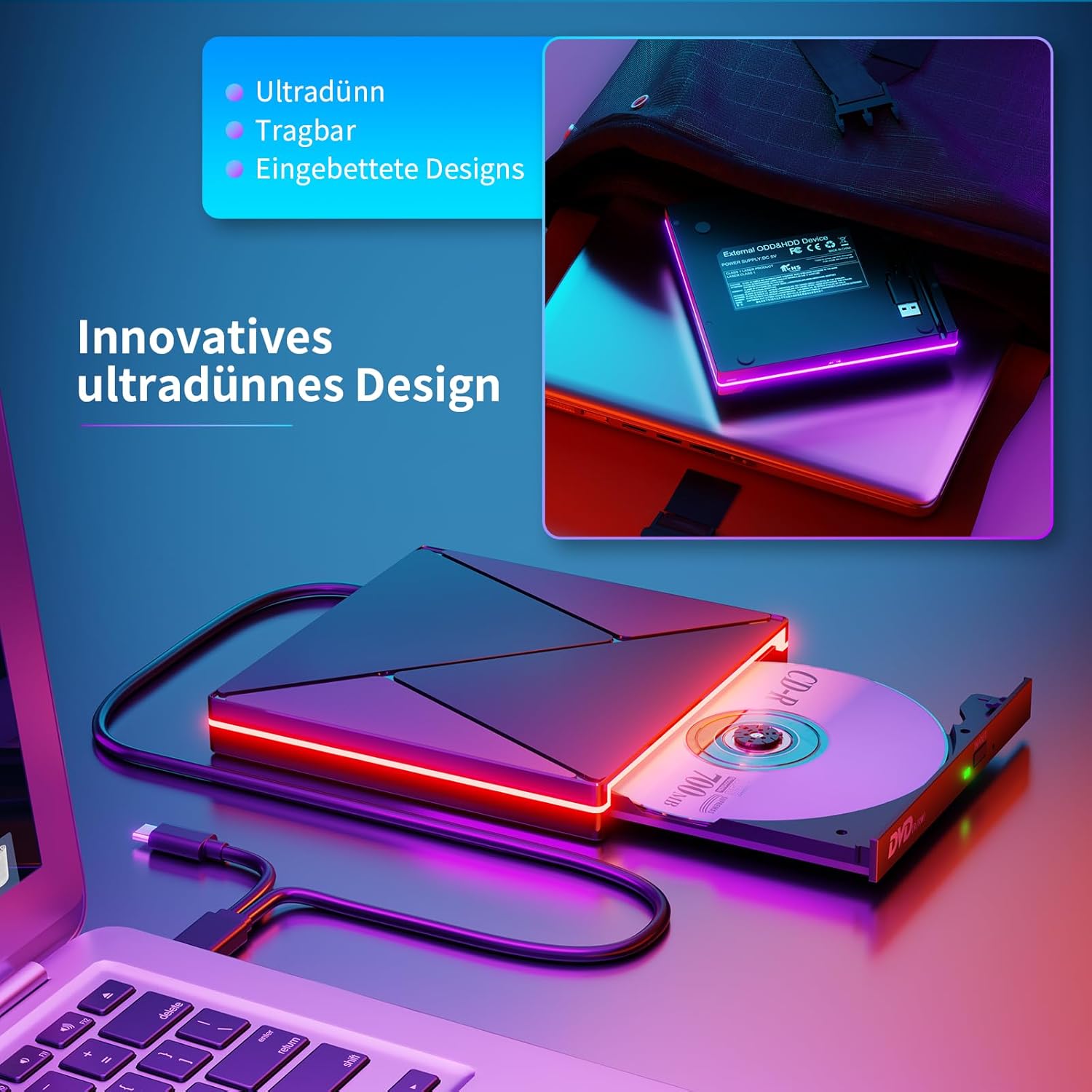 Thumbnail 6 de Umaniy externes CD/DVD-Laufwerk mit RGB, USB 3.0 & USB-C (DVD±RW, Plug & Play)