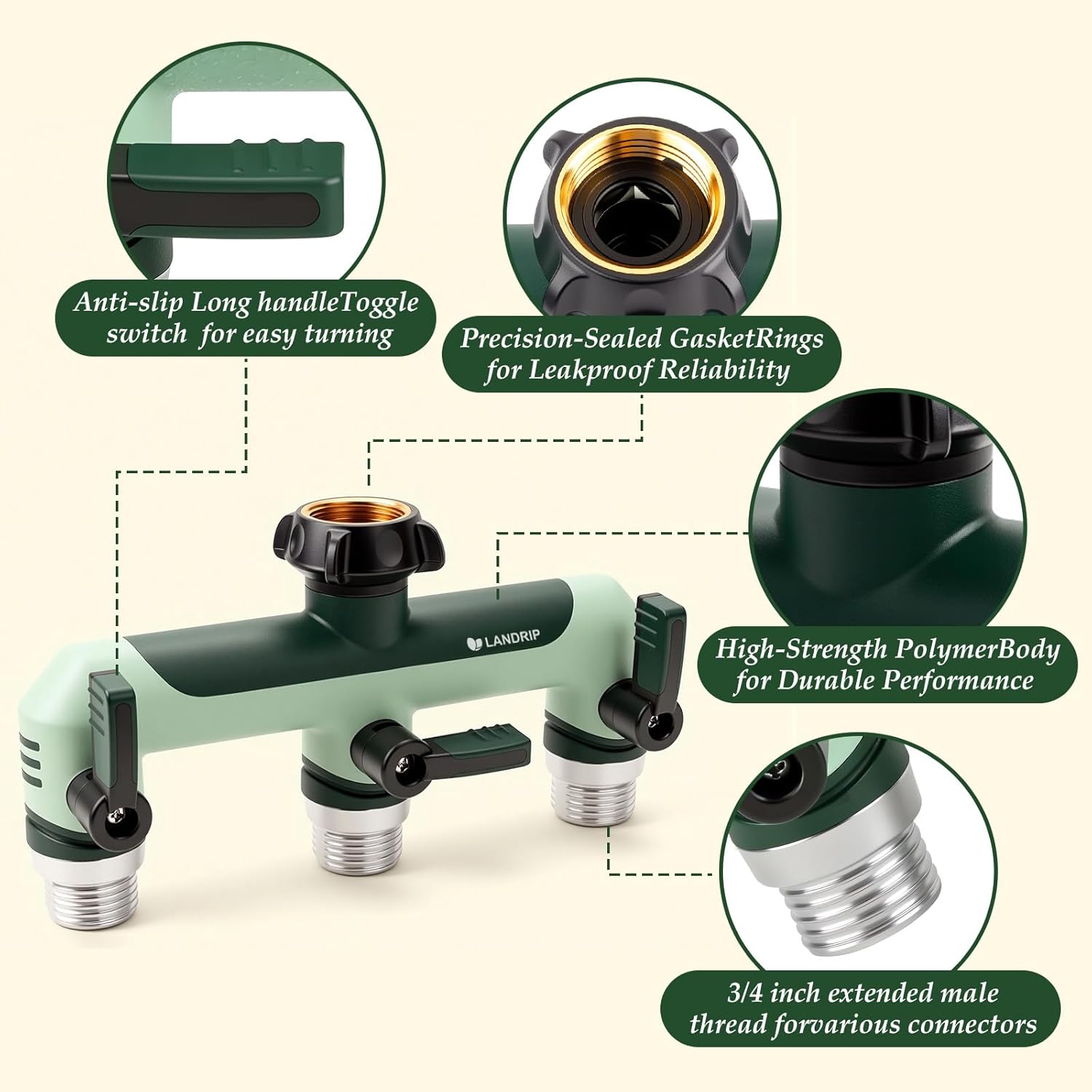 Thumbnail 4 de Landrip 3-Way Garden Hose Splitter (3/4 Inch) with Full Flow & 3 Individual Valves