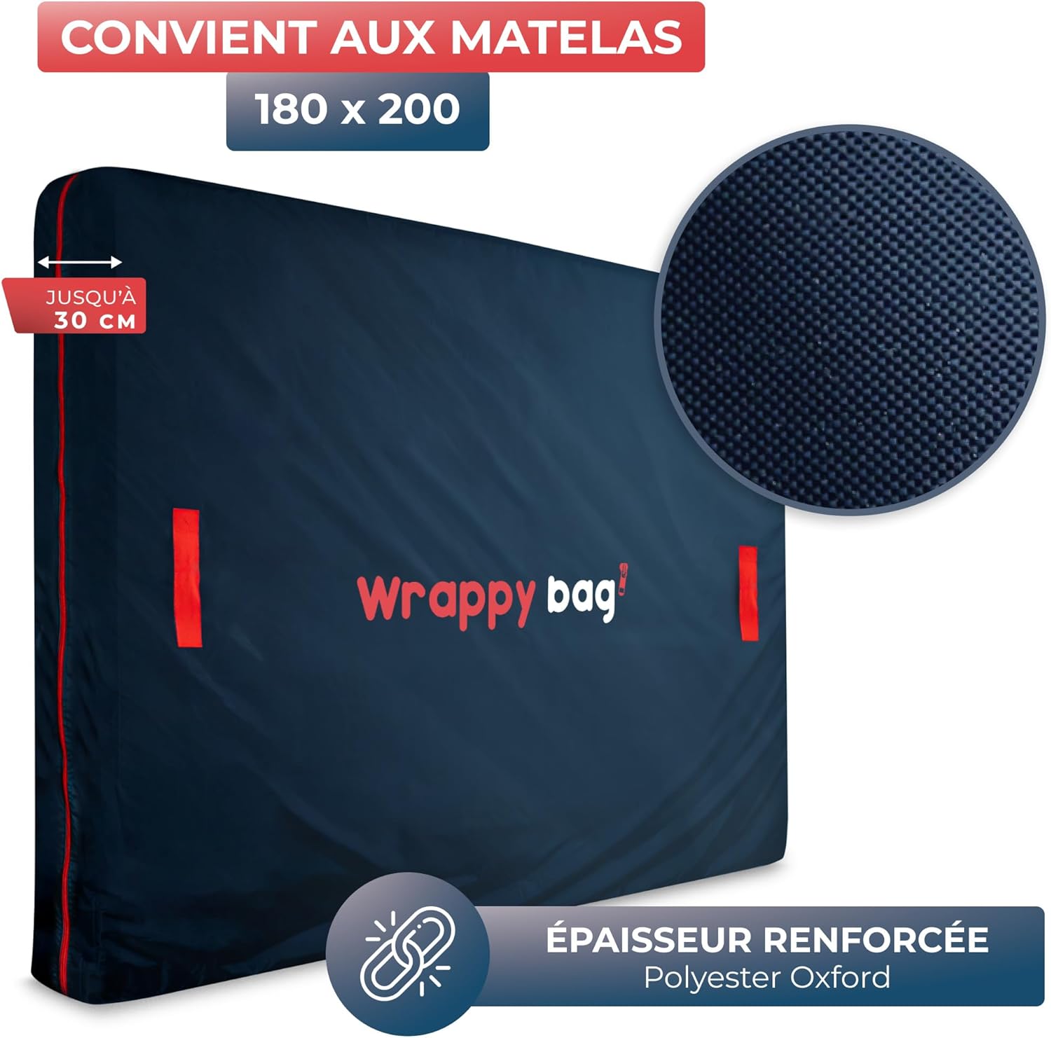 Detalle 2 de WRAPPYBAG Housse de protection imperméable en polyester Oxford pour matelas (180 x 200 cm) avec 4 poignées