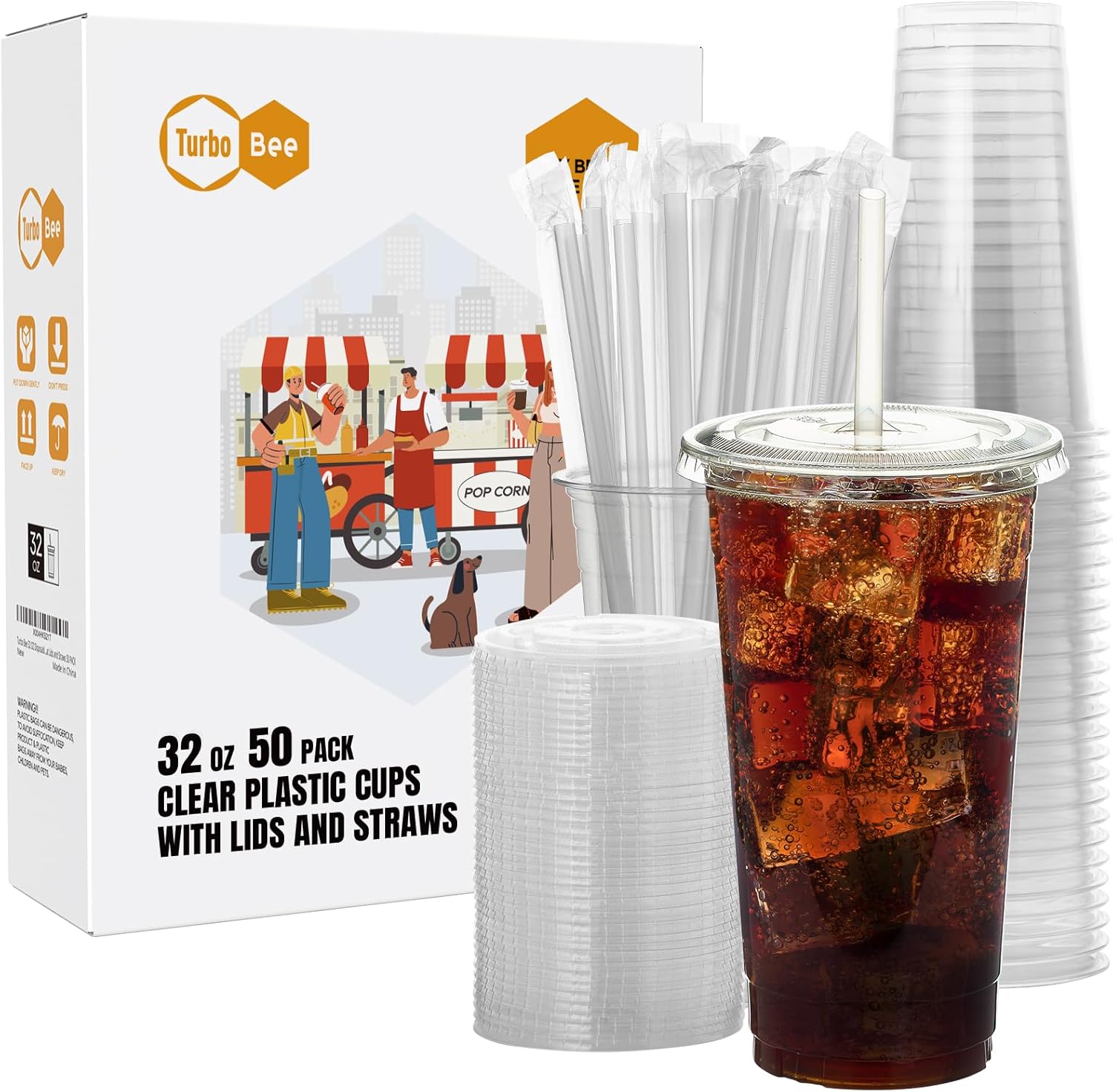 Detalle de Turbo Bee 50 Sets 32 OZ Clear Plastic Cups with Lids and Straws