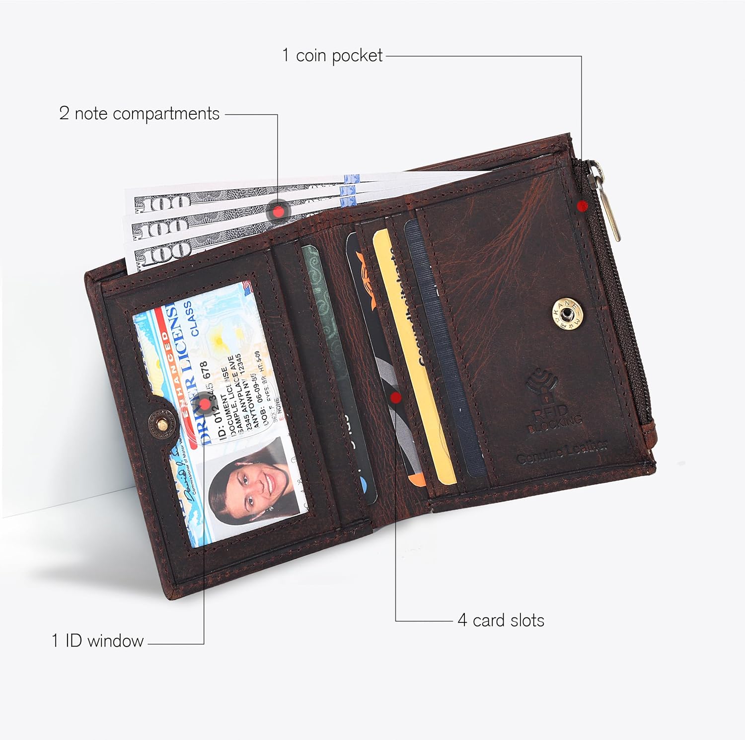 Thumbnail 1 de Oak Leathers RFID Wallet for Women in Full Grain Leather (Crazy Horse Brown Flower) – Small Bifold Coin Purse