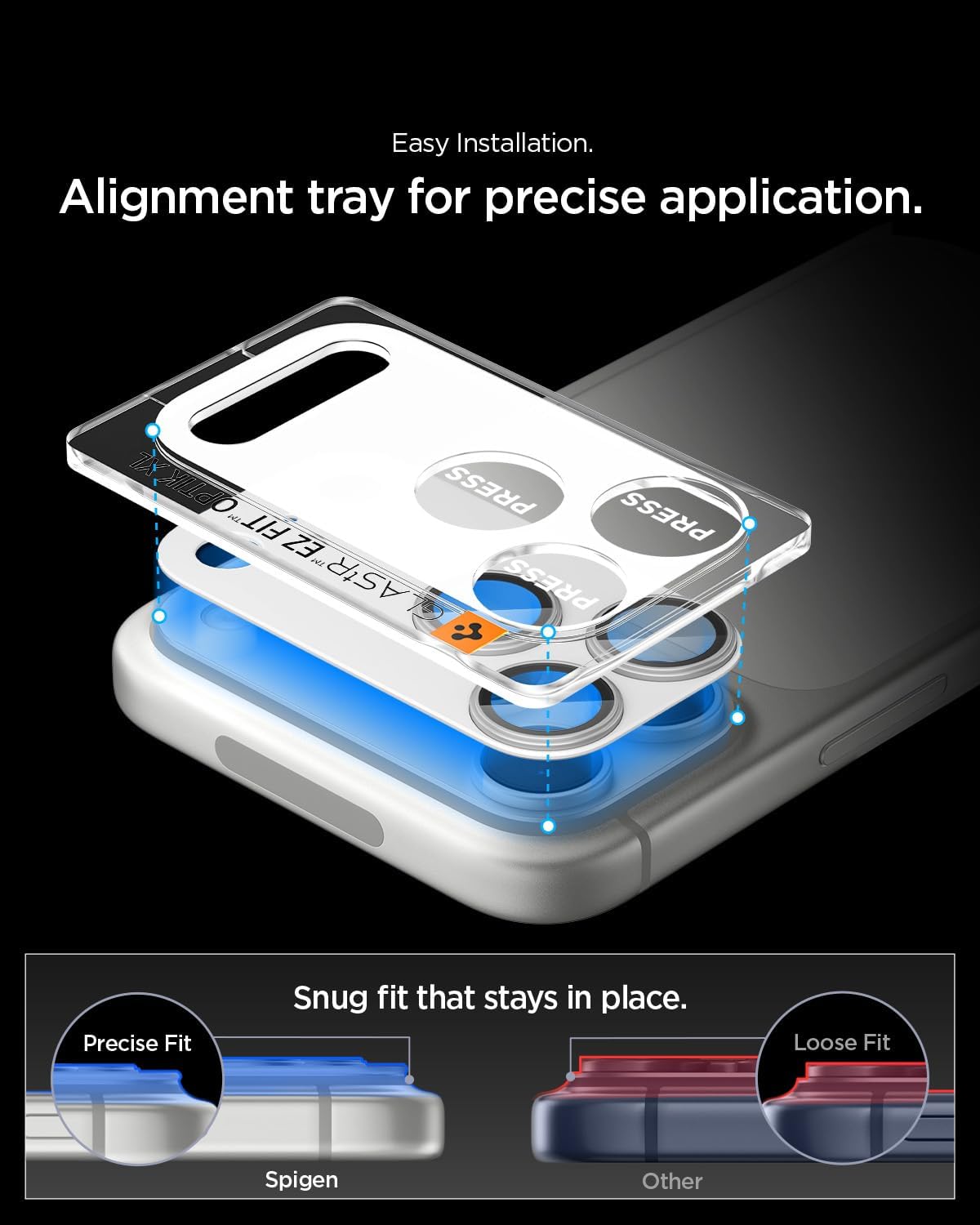 Detalle 2 de Spigen Glas.tR EZ Fit Optik Pro XL pour iPhone 17 Pro Max : protection intégrale de l’objectif, adhérence renforcée