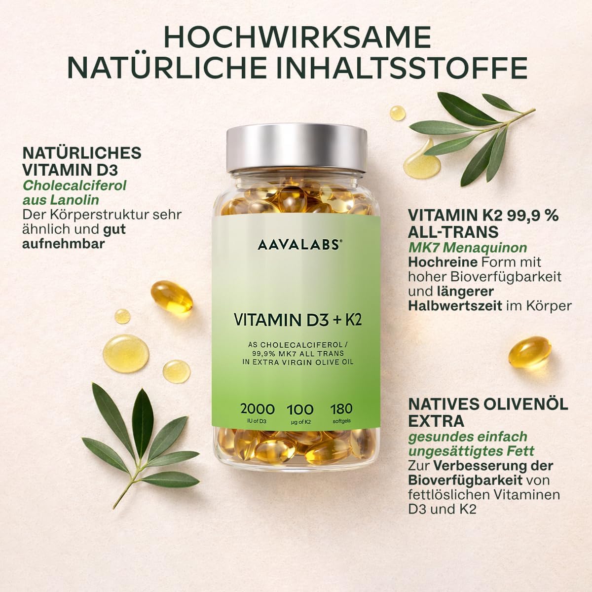 Detalle 2 de Vitamin D3 K2 hochdosiert mit nativem Olivenöl – Vitamin D 2000 IE + Vitamin K2 MK7 100 μg