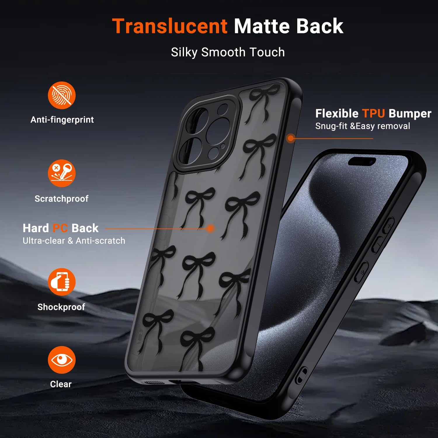 Thumbnail 1 de Coque pour iPhone 15 Pro Max – Papillon Nœud, Noir, TPU/PC Translucide Antichoc