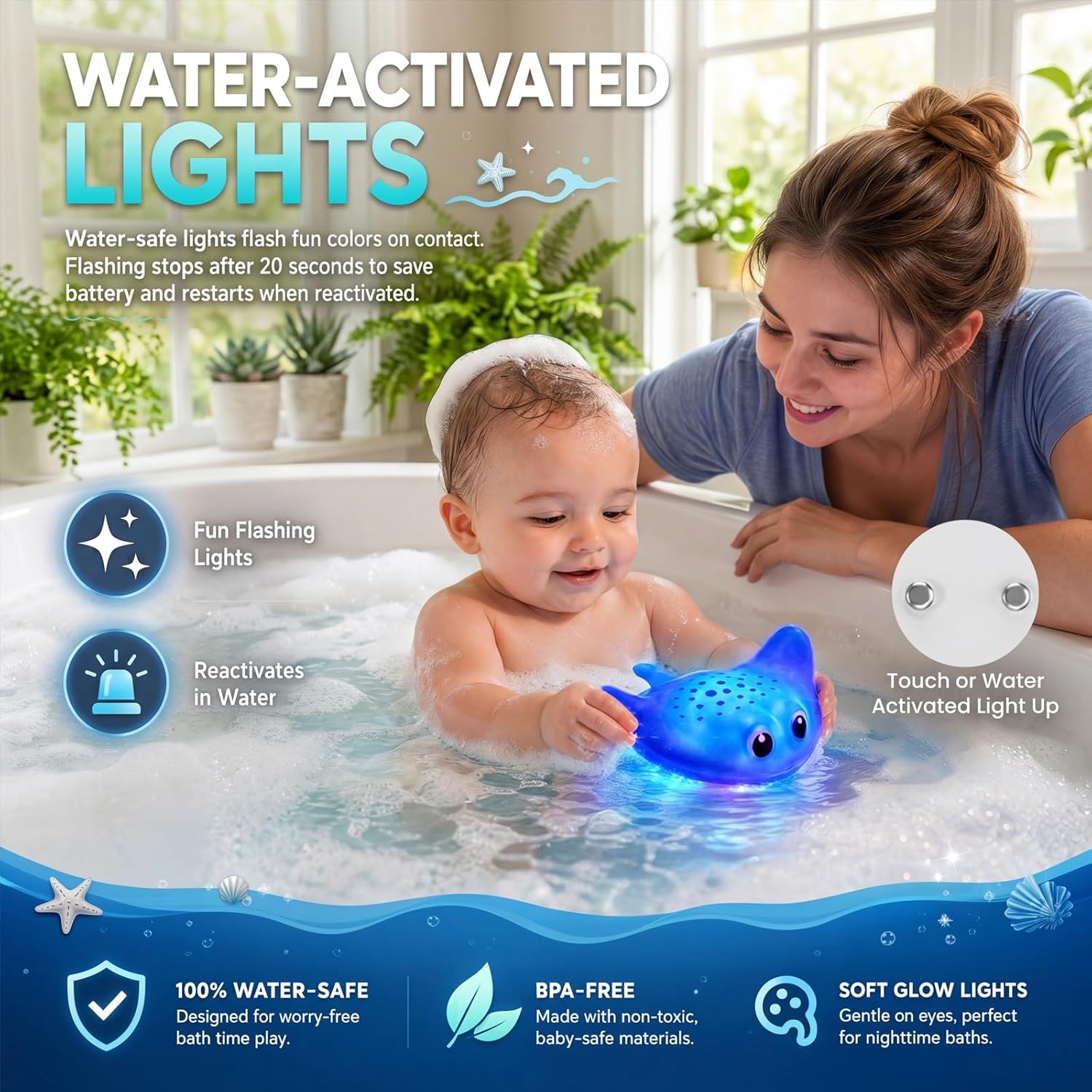 Detalle de Light Up Bath Toys – Mold-Free No-Hole, Water-Activated LED Ocean Animal Bath Toys (Water Table/ Bathtub/ Shower)