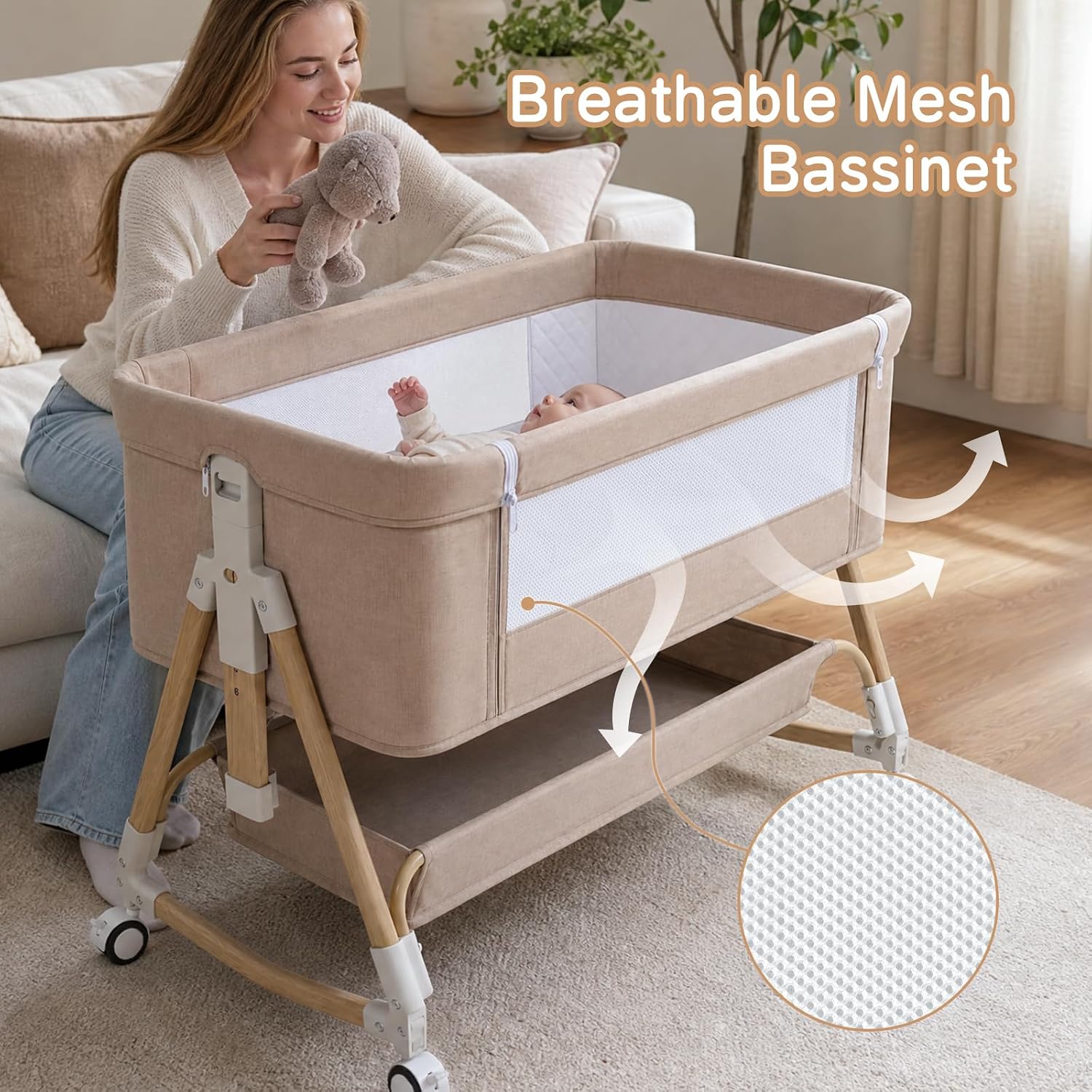 Detalle de Uuoeebb 26.4.3-605 Khaki- 3-in-1 Bedside Bassinet with Mesh