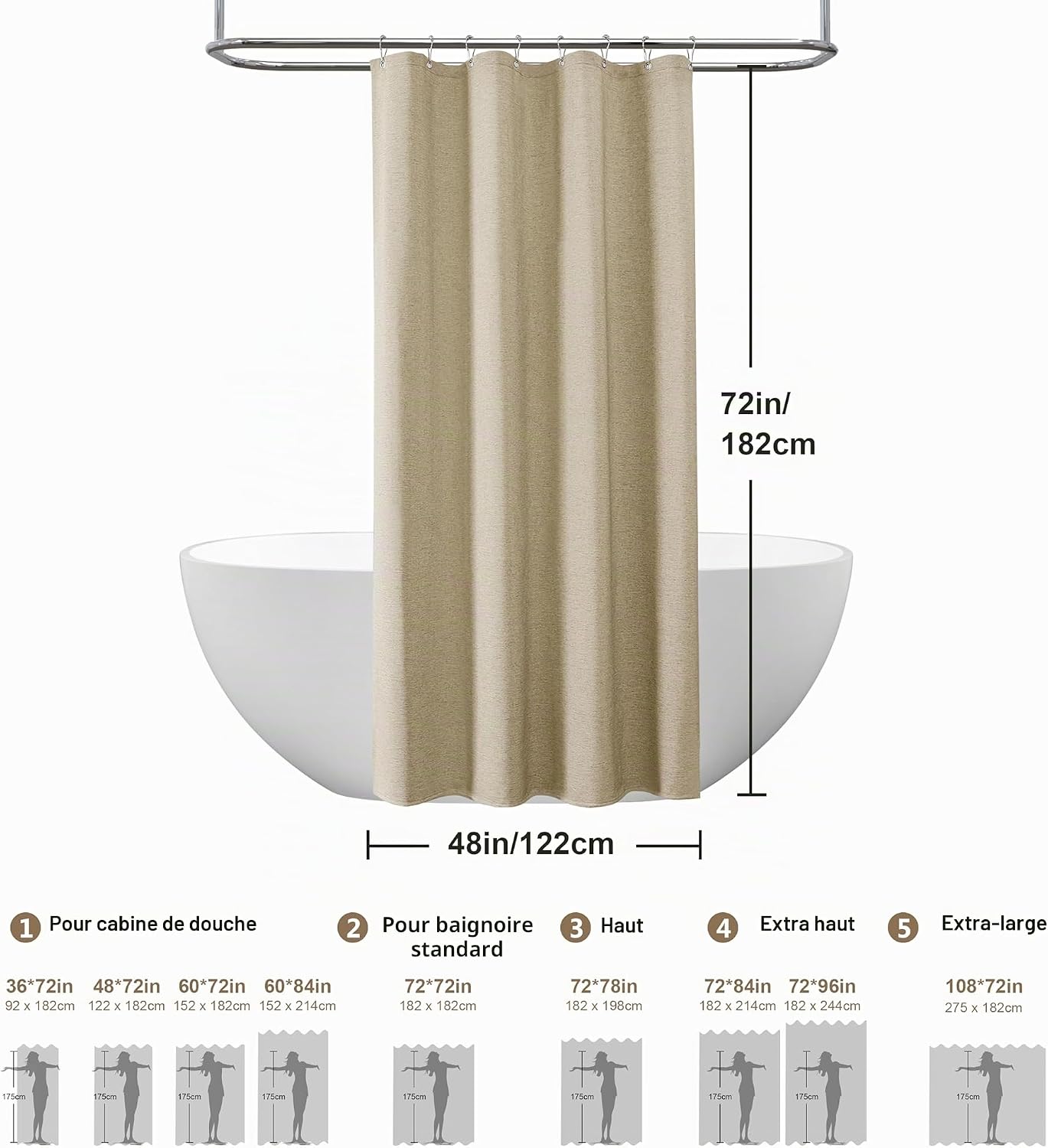 Detalle de VANZAVANZU Rideau de Douche Lin avec Anneaux en Métal – Taupe 122x182 cm