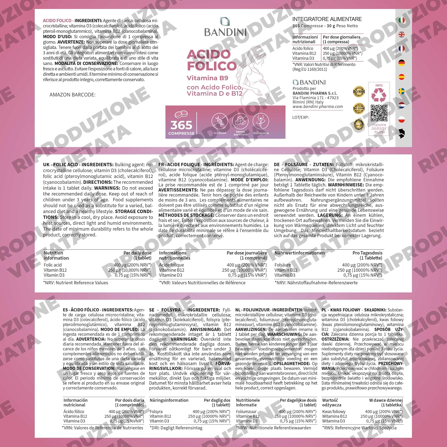 Detalle 1 de BANDINI foliumzuur 400 µg, 365 tabletten met vitamine B12 en D3