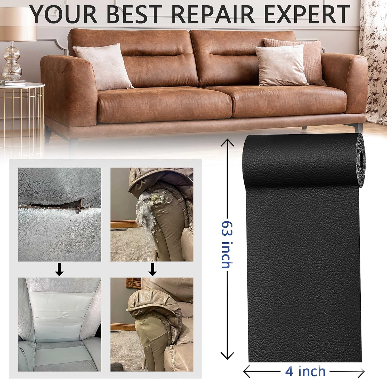 Thumbnail 5 de YAFLC Kunstleder selbstklebend Schwarz – 10 x 160 cm Patch für schnelle Möbelreparaturen