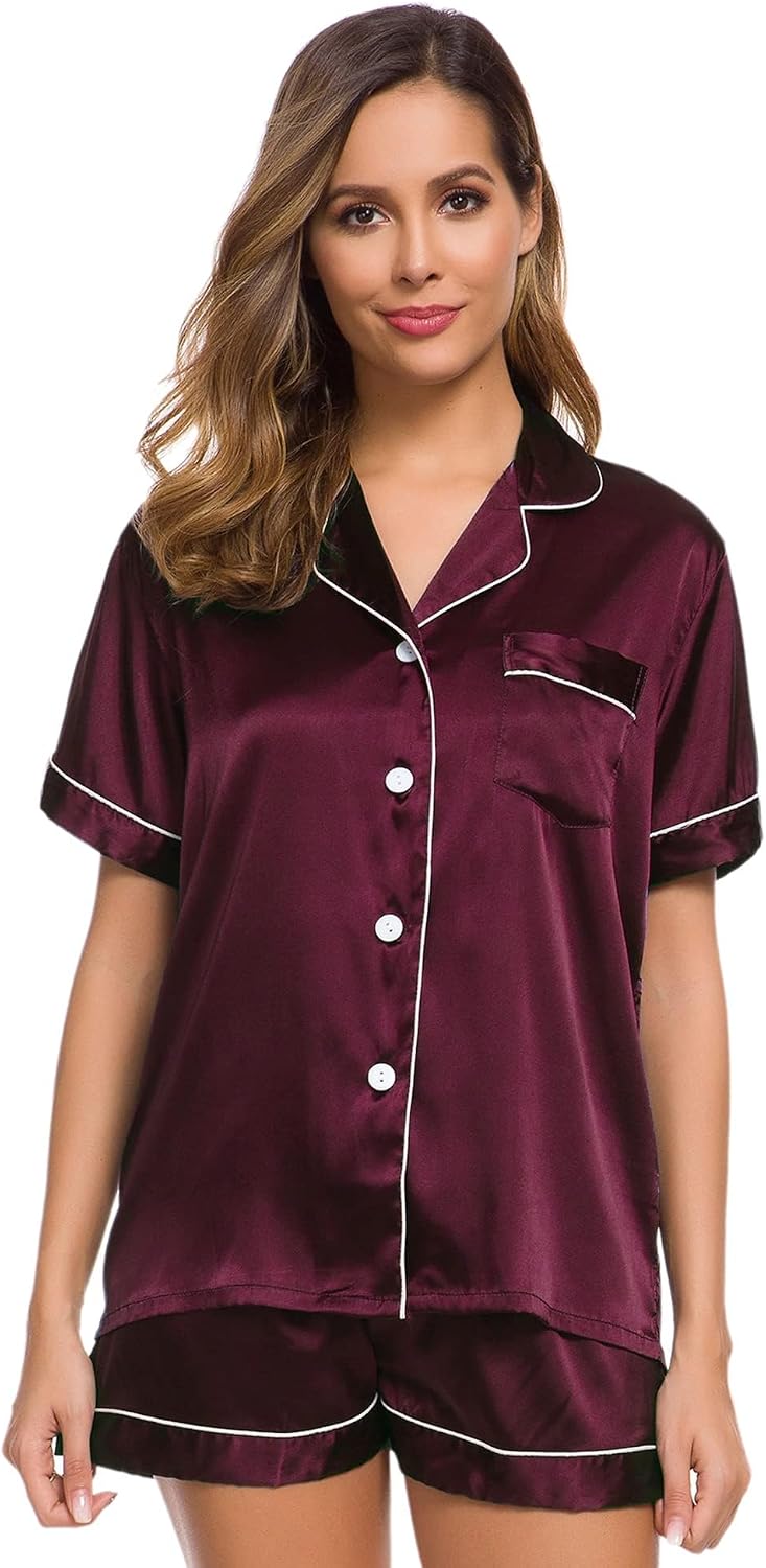 Detalle de SWOMOG Women's Silk Satin Pyjama Set - Two-Piece Brides Sleepwear