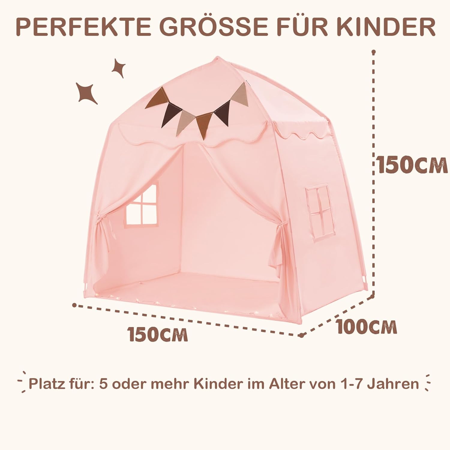 Thumbnail 5 de Mallify Kinderzelt Indoor „Kinderzelt mit Lichtern“ (150 x 100 x 150 cm) – Spielzelt fürs Kinderzimmer in Rosa