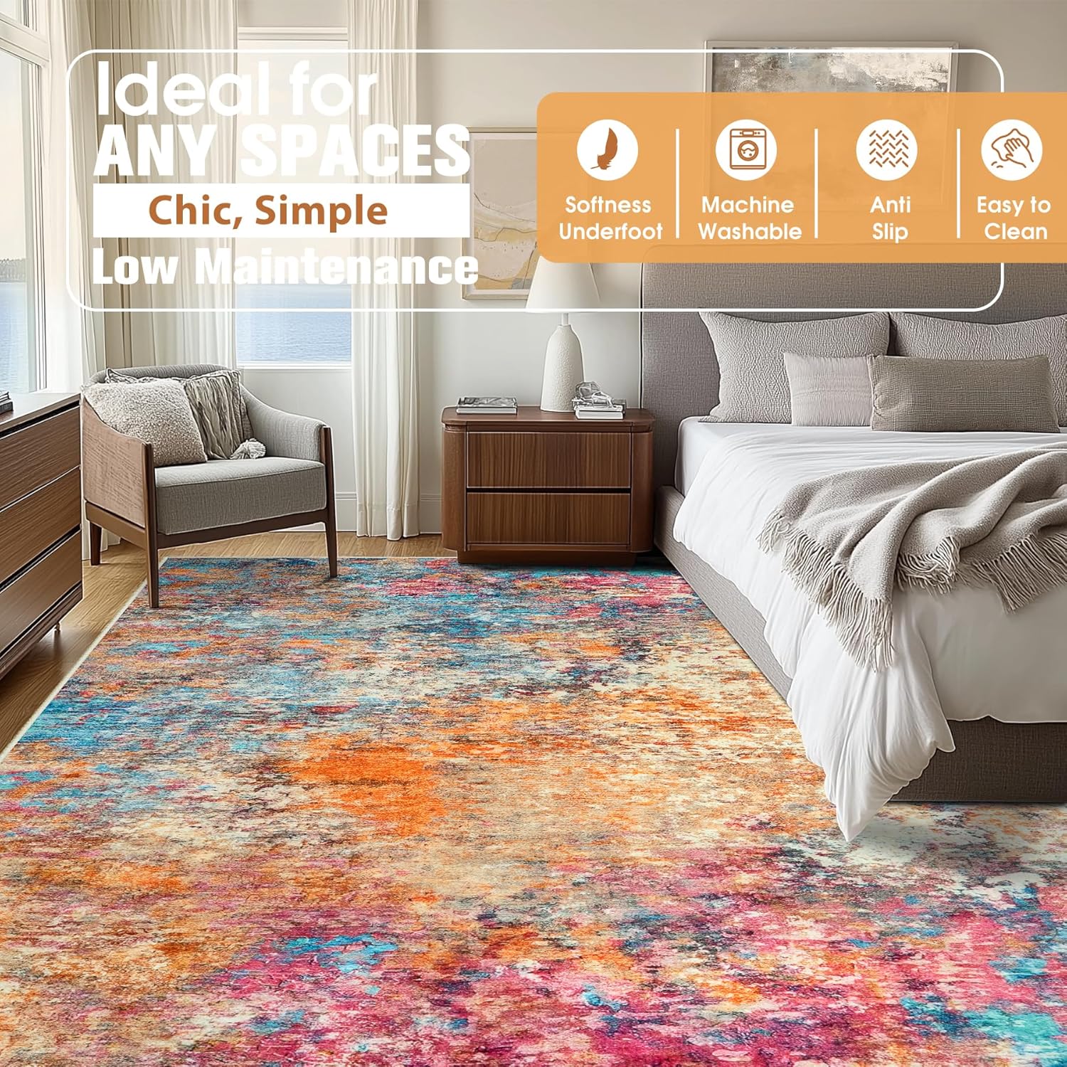 Thumbnail 2 de 9x12 Washable Area Rug for Living Room with Non-Slip Backing — Abstract Large Rug
