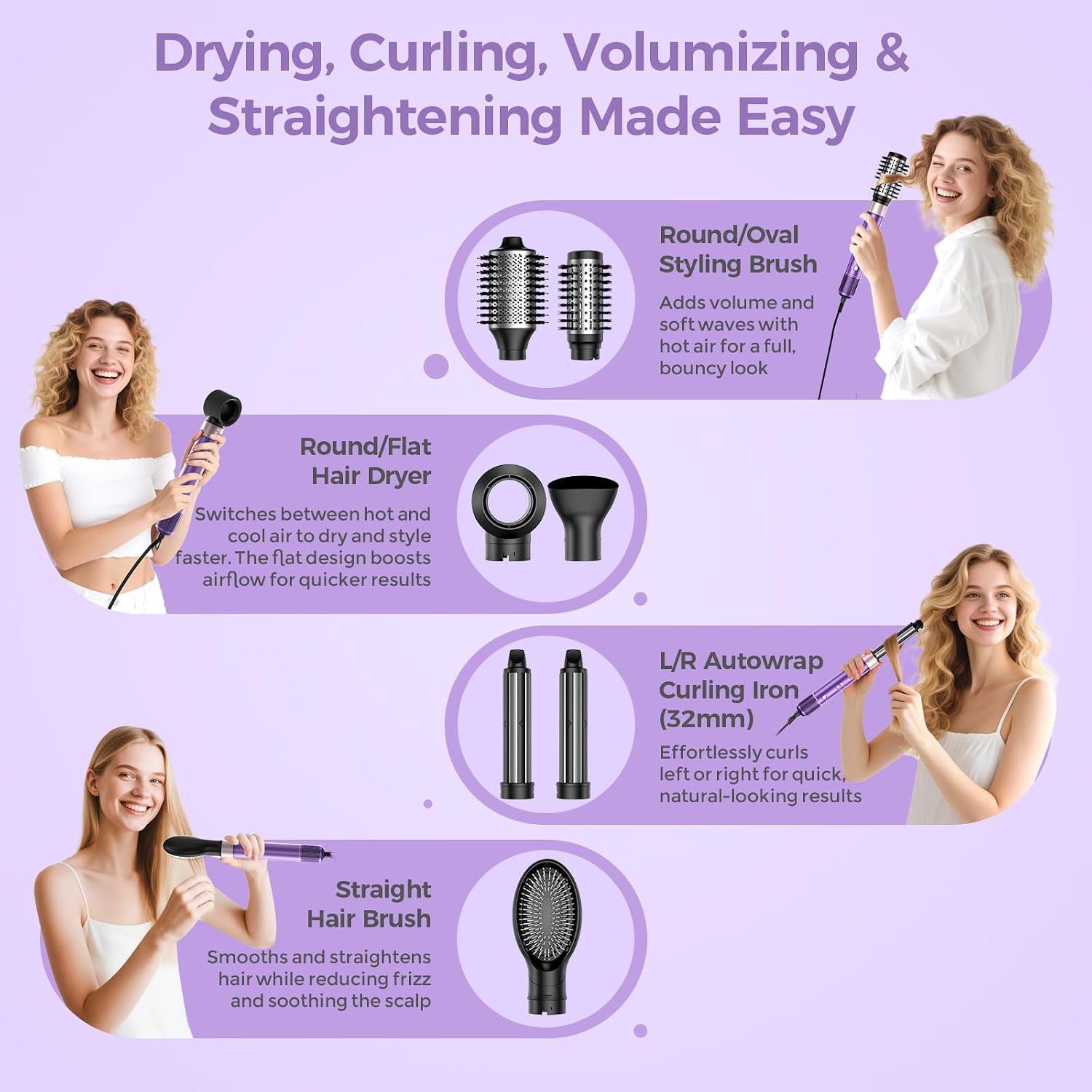 Thumbnail 1 de Vincofy 7-in-1 Blow Dryer Brush Set: All-in-One Hot Air Styler for Fast Drying, Curling, Straightening & Volumizing (Lilac)