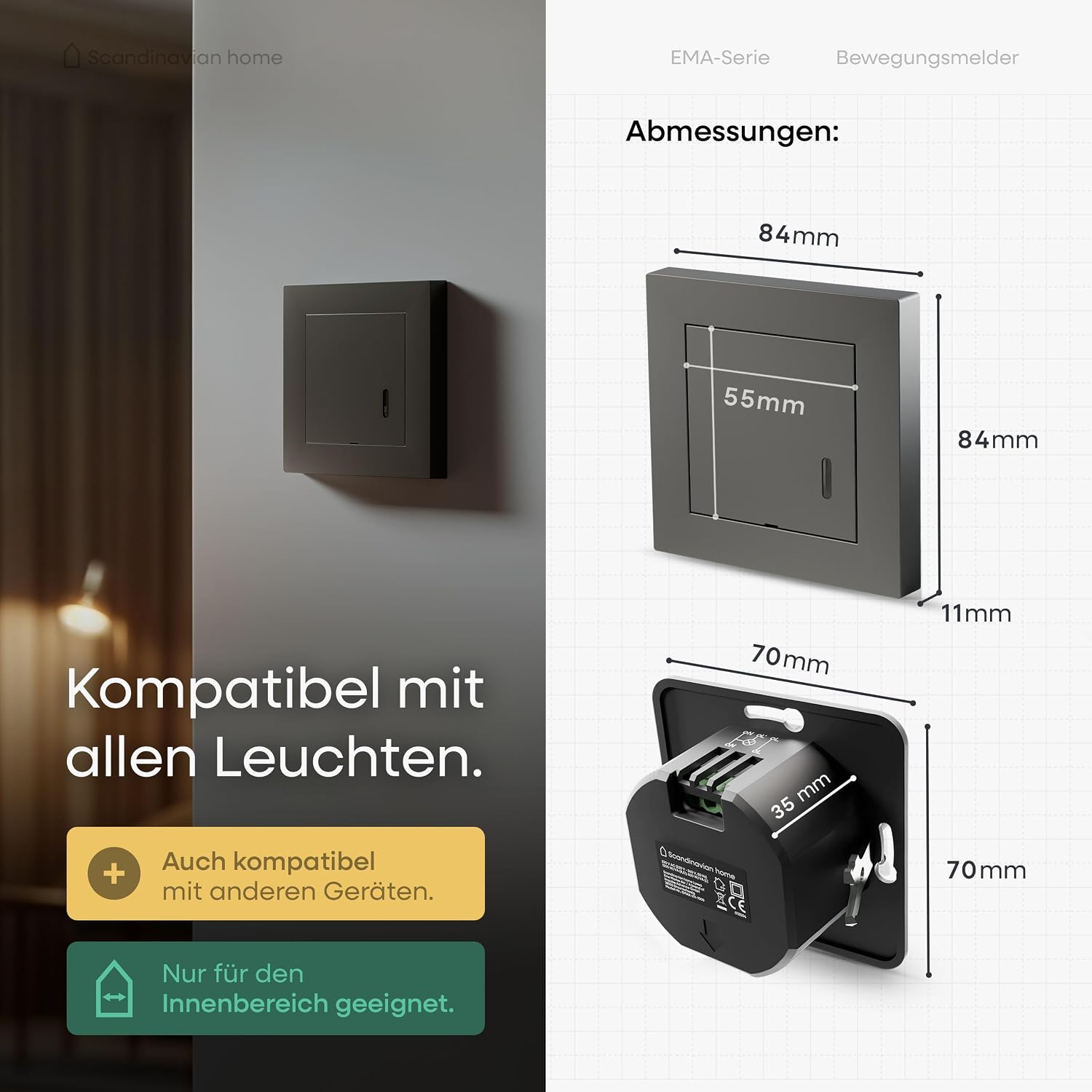 Thumbnail 6 de Scandinavian home Lysea Innen-Bewegungsmelder mit 3-Draht-Technik (Standardmaß, 55 x 55 mm), Anthrazit Matt