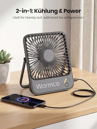 Detalle de Warmco D3 Akku Ventilator 10000mAh – leiser Tischventilator mit USB-C, bis zu 24 Stunden Laufzeit