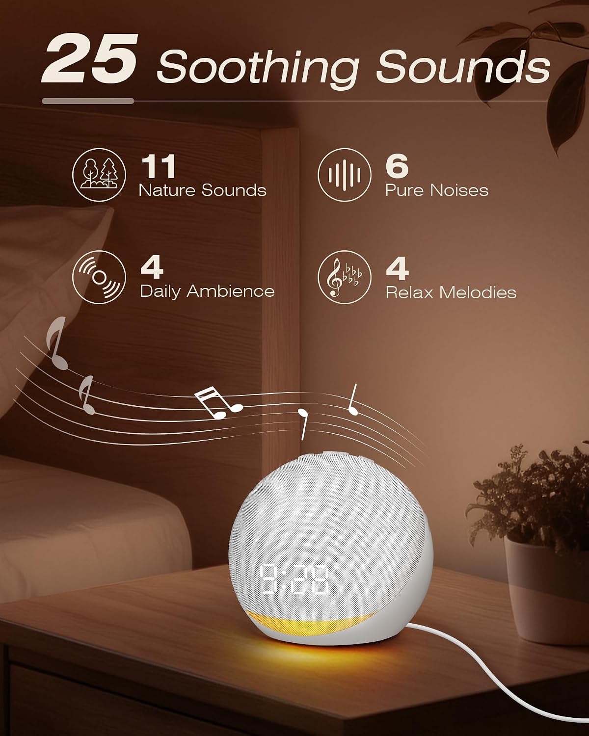 Detalle de Venchin Bruit Blanc digitale wekker met 25 geluiden, Bluetooth en nachtlamp