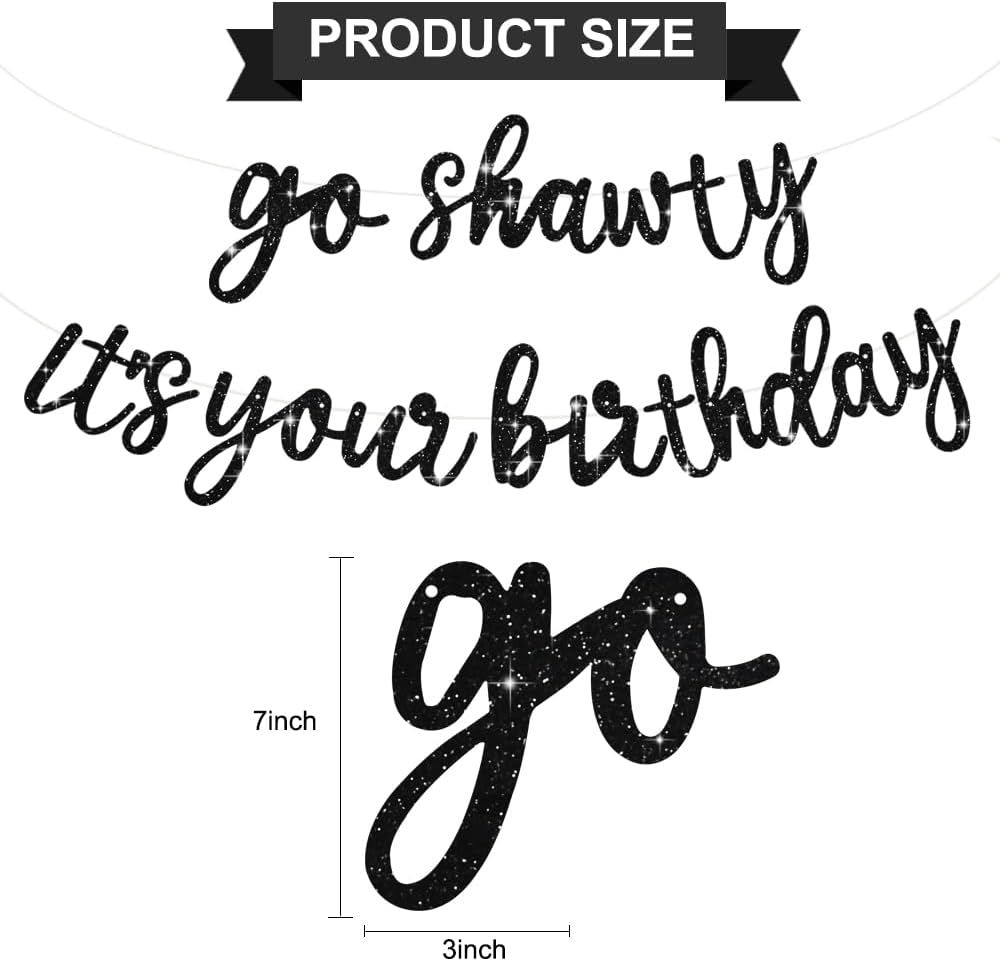 Thumbnail 2 de BEISHIDA “Go Shawty It’s Your Birthday” Black Glitter Banner (Pre-Strung, No DIY) Hip Hop Theme