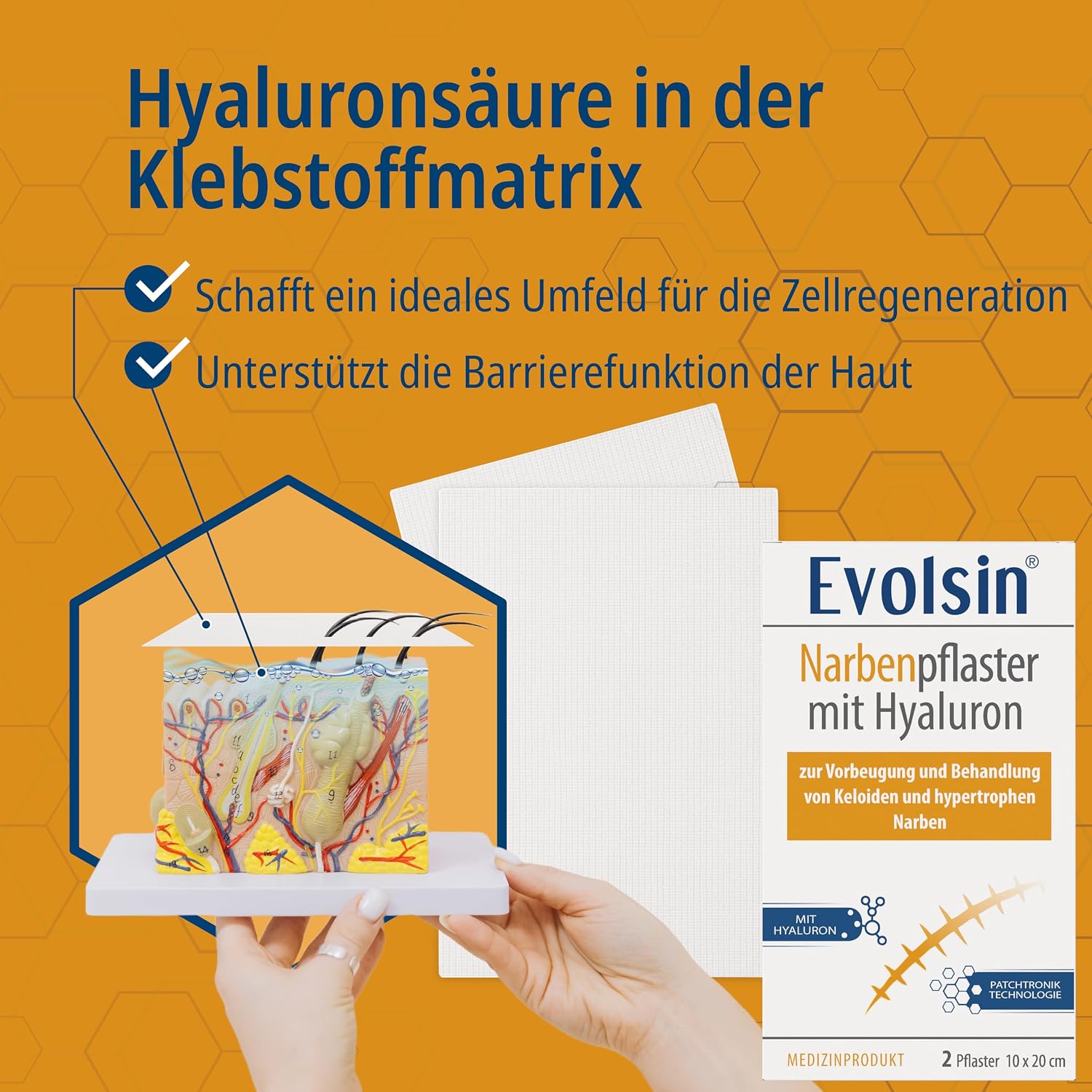 Detalle de Evolsin Narbenpflaster mit Hyaluron & Patchtronik – Für OP-Narben, Kaiserschnitt, Keloide & hypertrophe Narben