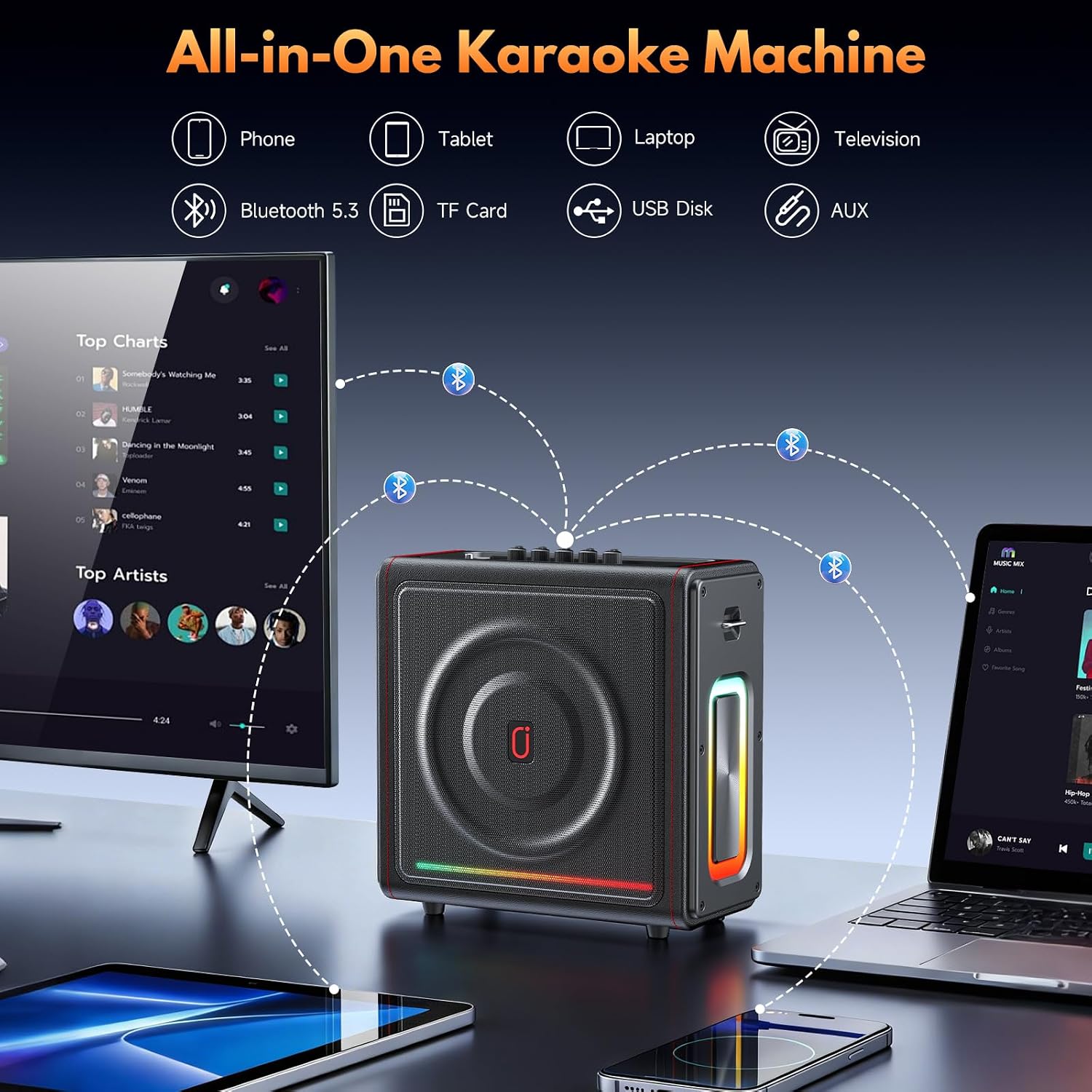 Thumbnail 6 de PPMIC MS78 Karaoke Machine, 300W, Two Microphones, Bluetooth 5.3