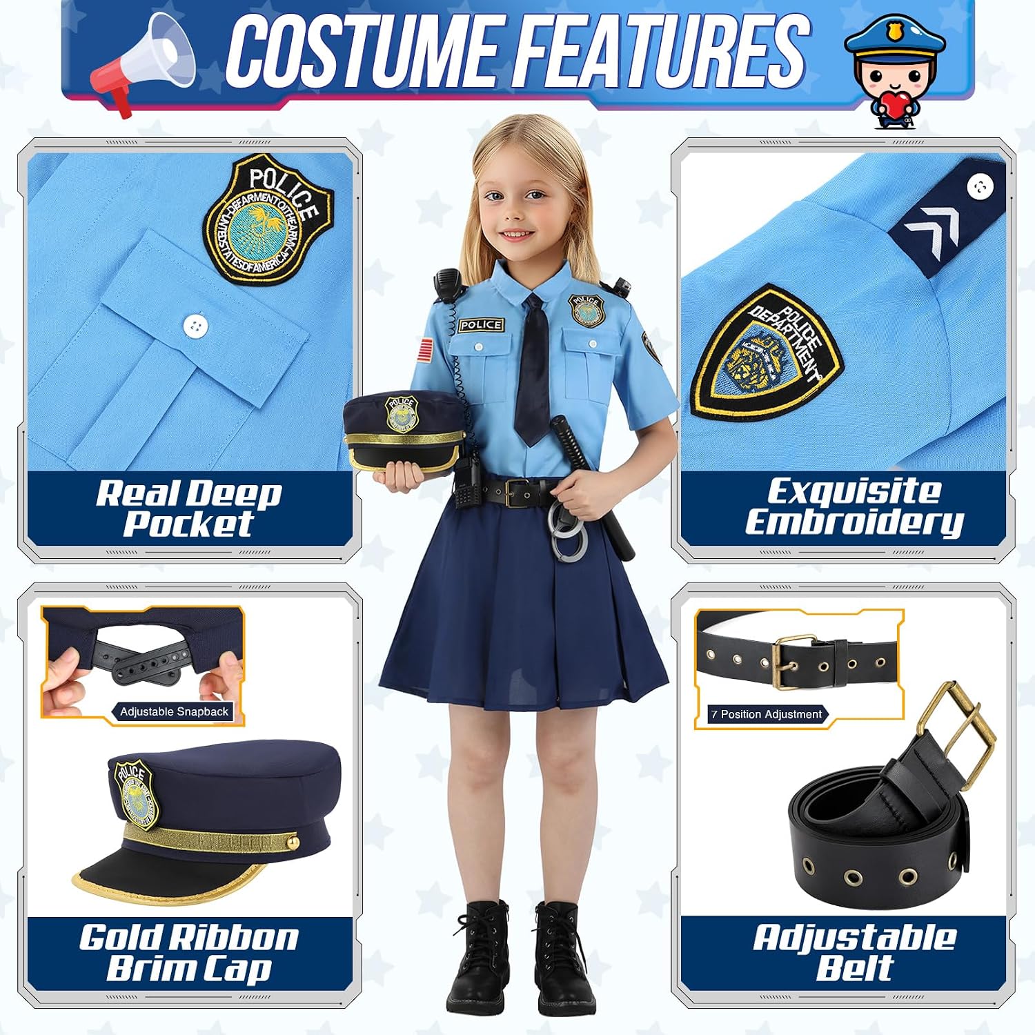 Detalle 1 de Loscola Police Officer Costume for Girls, Medium (5-7 Years), 13-Piece Set