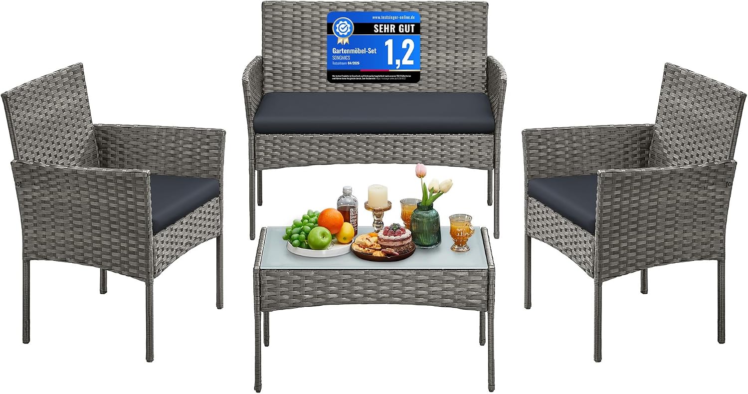 Detalle de SONGMICS Gartenmöbel-Set 4-teilig (Gartenmöbel aus PE-Polyrattan) mit Tisch, 2 Stühlen und 2-Sitzer-Bank – grau GGF004TZ01