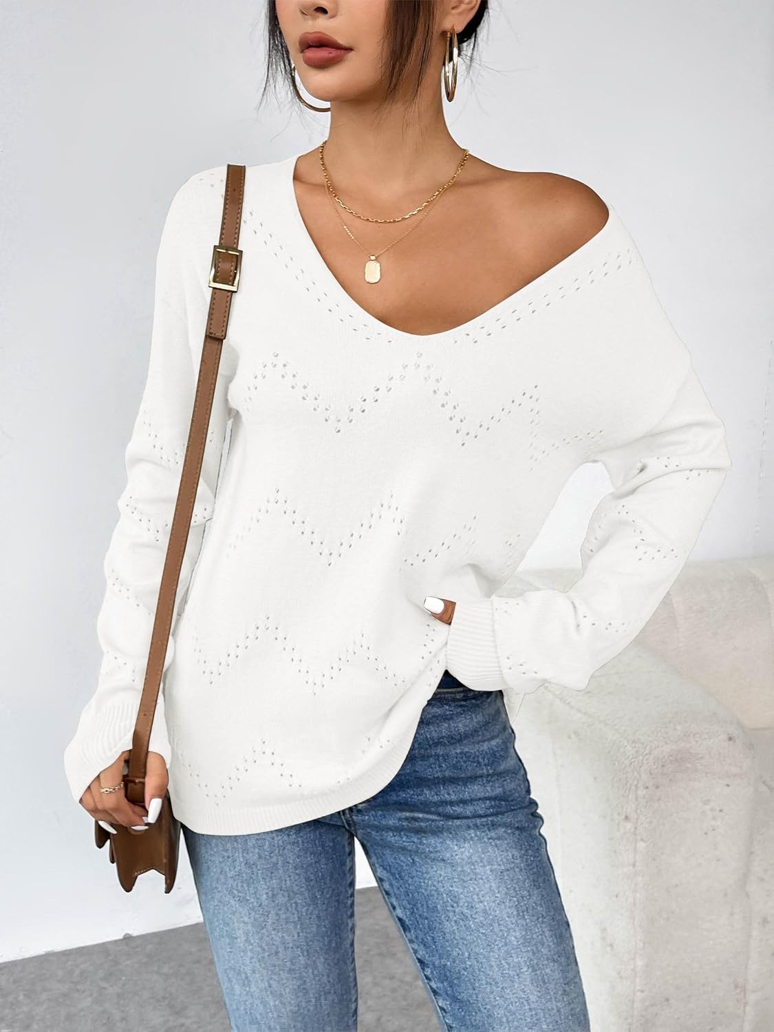 Detalle de Zeagoo Pull Femme Élégant à Col en V en crochet – Automne/Hiver