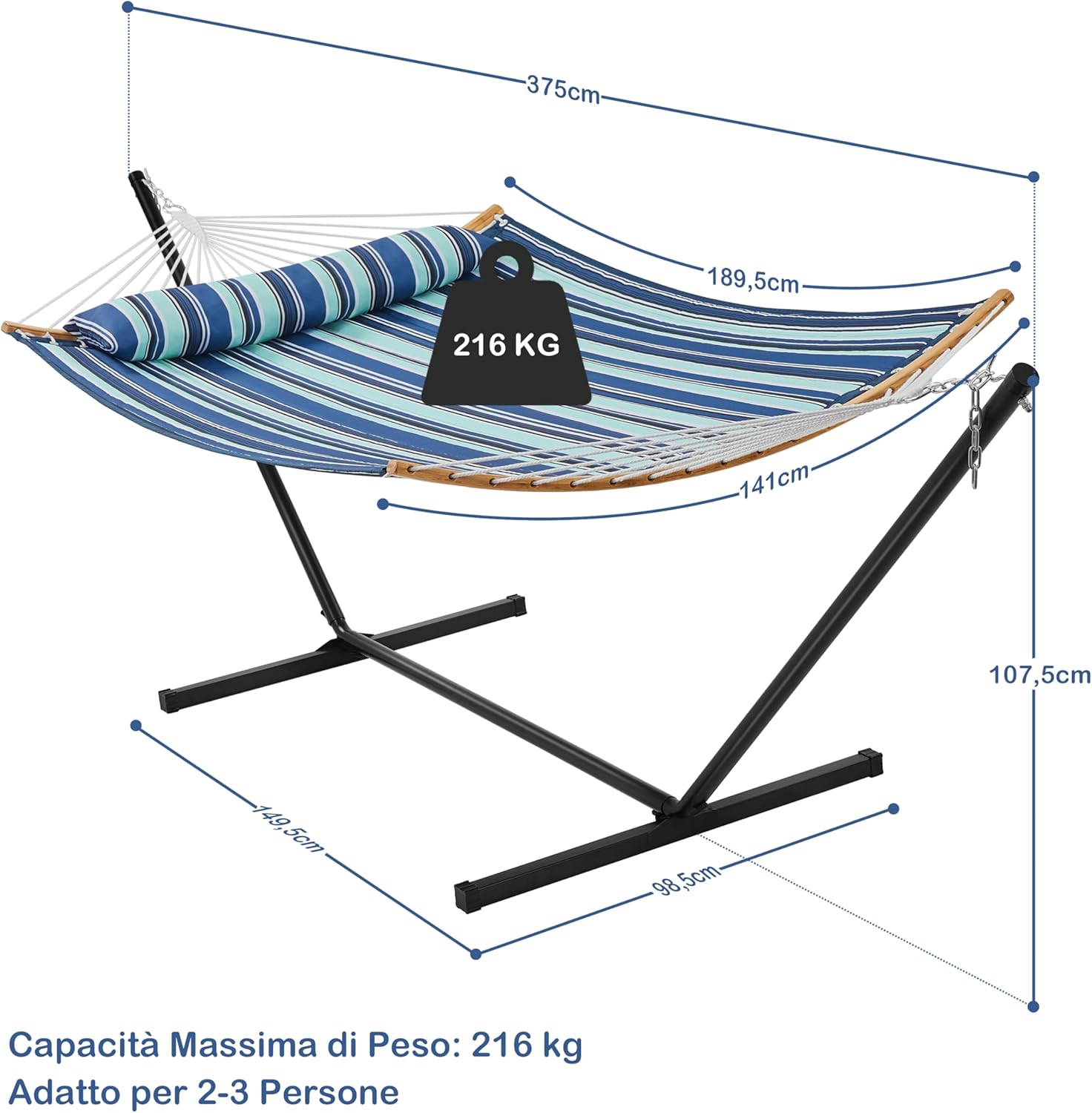 Thumbnail 2 de Yaheetech Amaca da Giardino Esterno Imbottita Doppia con Supporto in Acciaio – 2–3 Persone, Strisce Blu, Regolabile, Pieghevole
