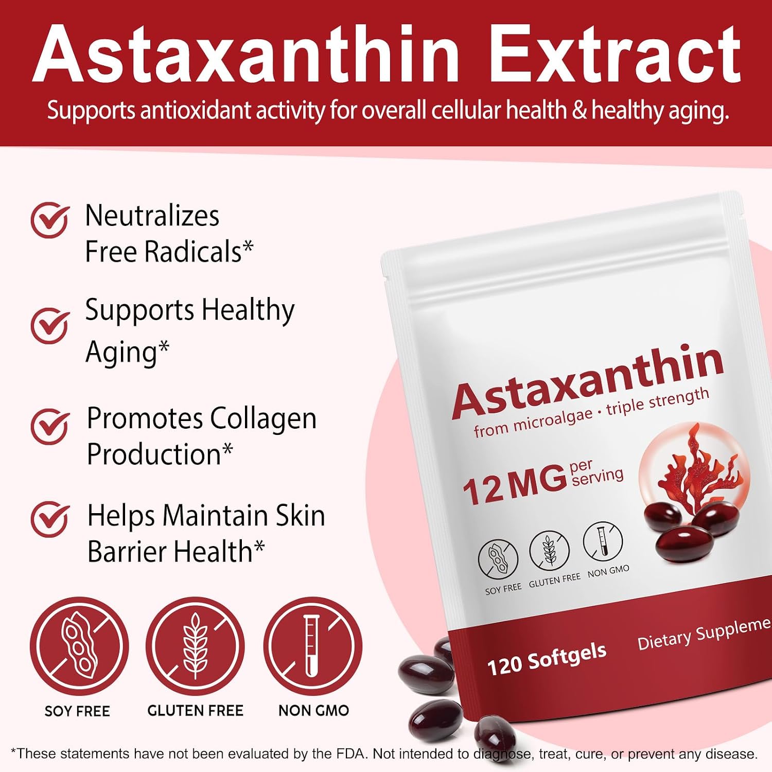 Detalle de Astaxanthin 12mg Ergänzungen – 120 Softgels aus Mikroalgen, Unterstützung für Haut, Augen, Gelenke und mehr