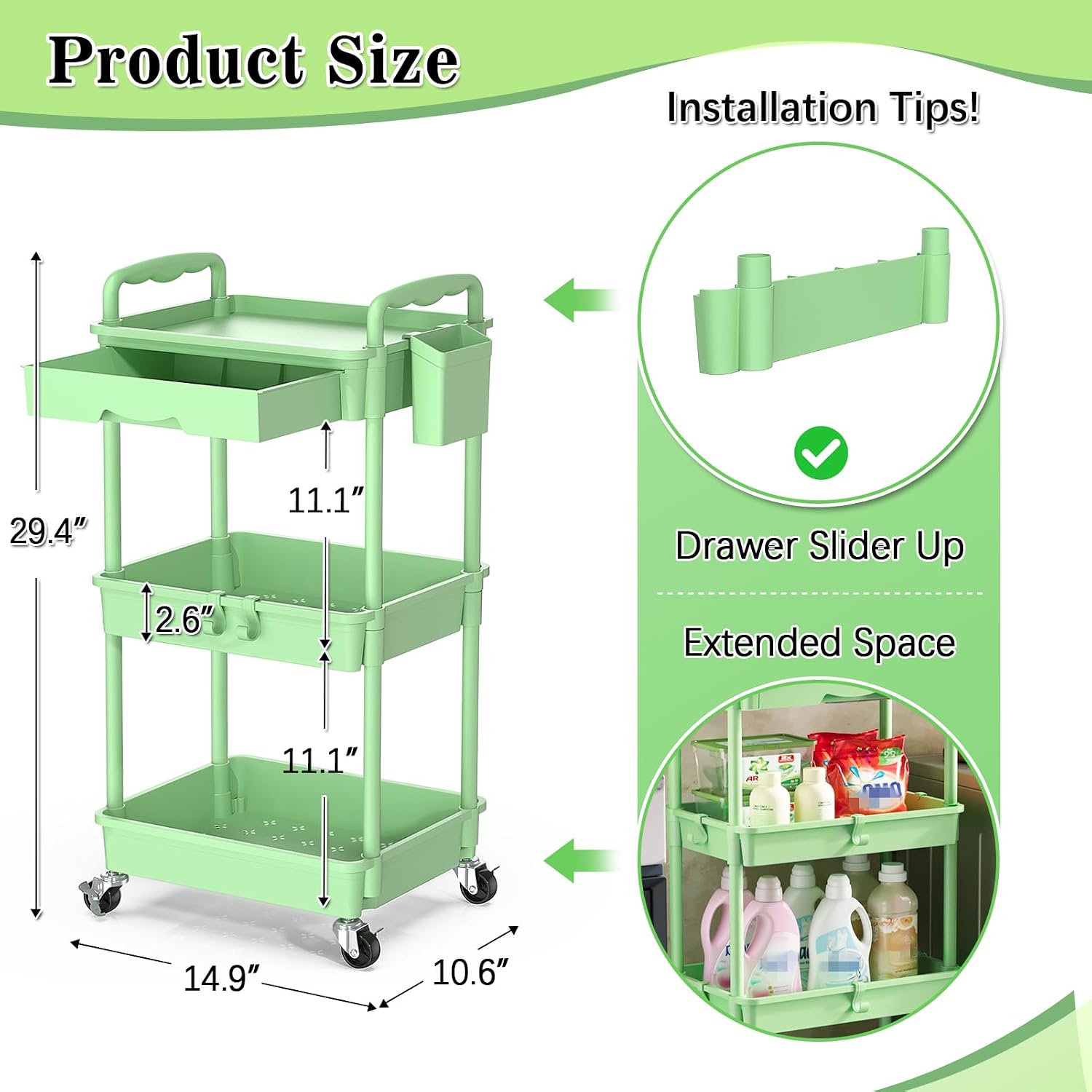 Detalle 2 de SUNALLY 3-Tier Rolling Cart with Drawer, Green, 4 Swivel Wheels