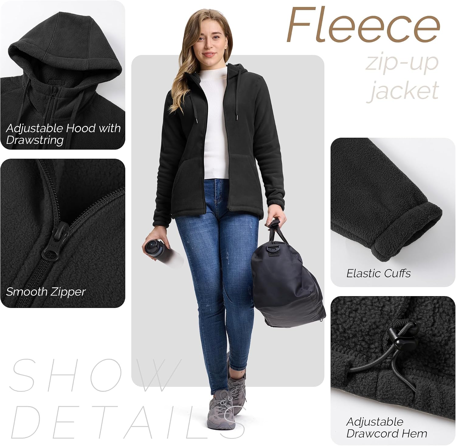 Detalle de Outdoor Ventures Damen-Fleecejacke mit durchgehendem Reißverschluss und Kapuze – Hoodie-Sweatjacke für Outdoor & Freizeit
