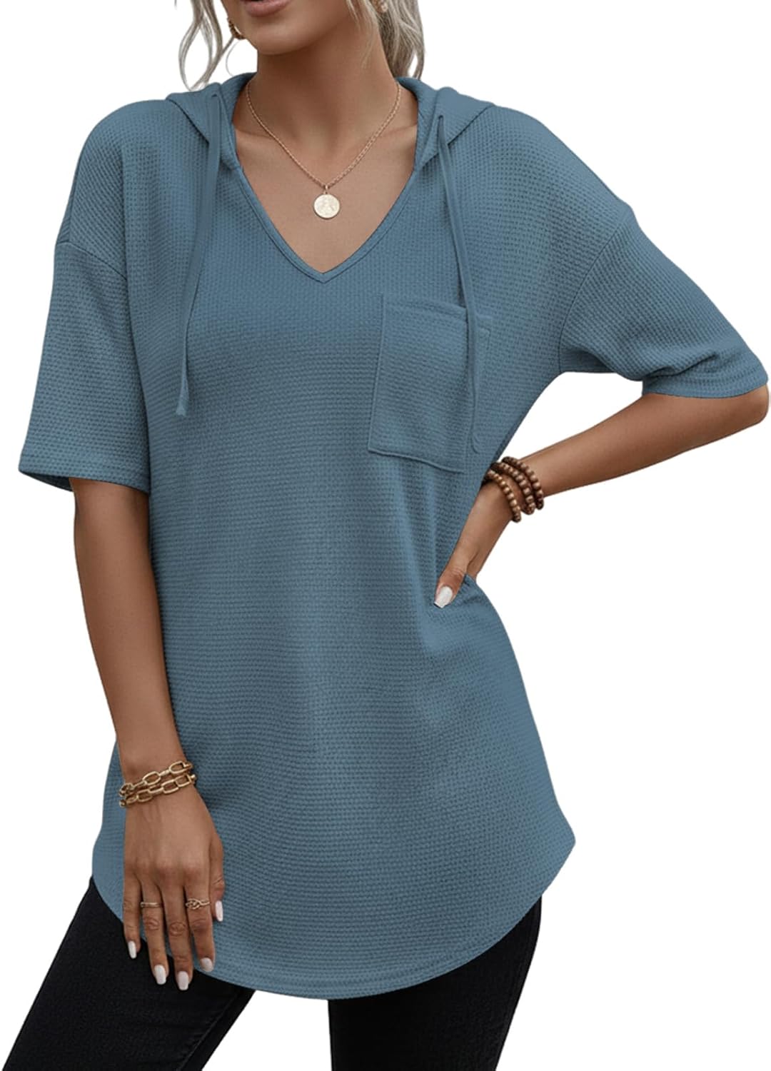 Thumbnail 4 de Cuptacc Pullover Damen Hoodie Langarm V-Ausschnitt – Kapuzenpullover, Einfarbig, Drawstring