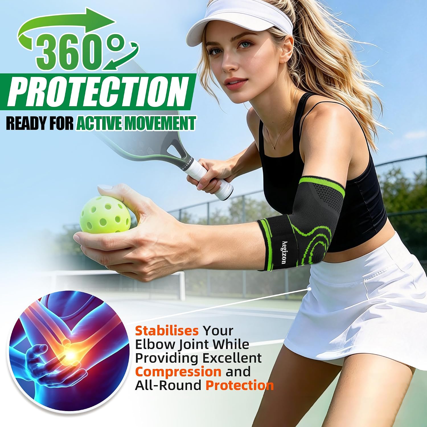 Thumbnail 2 de Aegizon ElbowB-E13-S-BlackGreen Elbow Brace, Size S, Adjustable Nylon Support