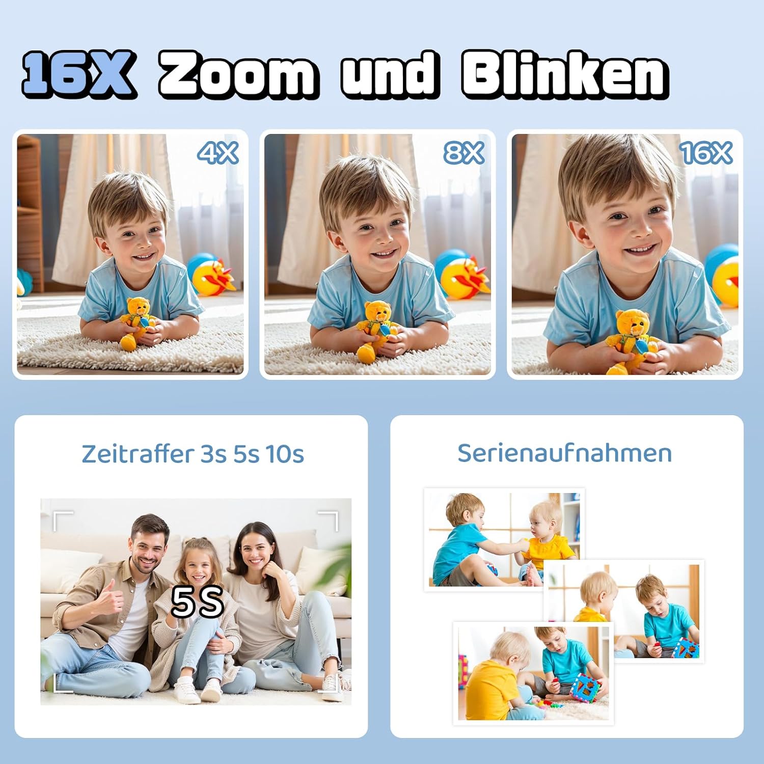 Thumbnail 4 de WOWAWOLA Sofortbildkamera Kinder mit 180° Klappobjektiv – 1080P, 32GB, Druckpapier & Mehr