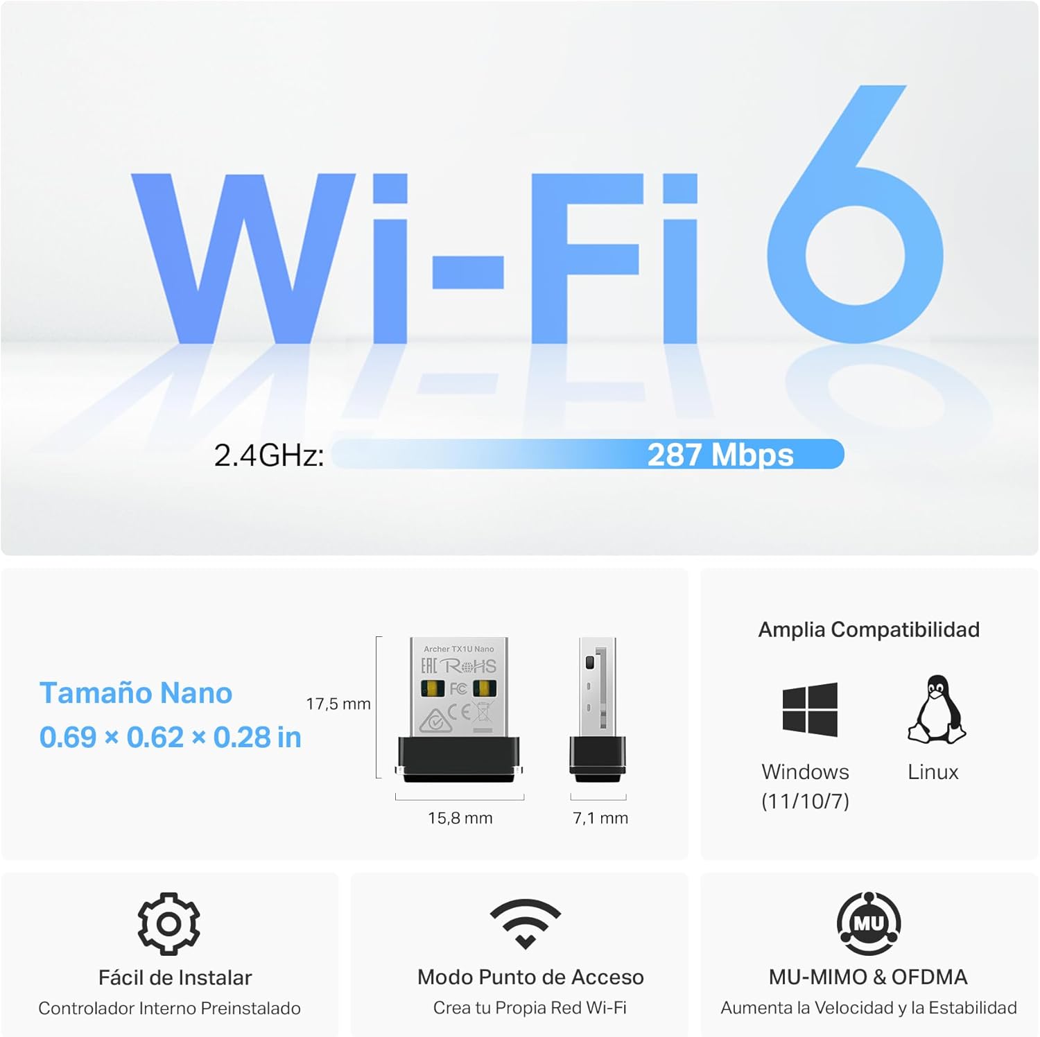 Thumbnail 3 de TP-Link Archer TX1U Nano Wi‑Fi 6 AX300 286 Mbps para PC 📶