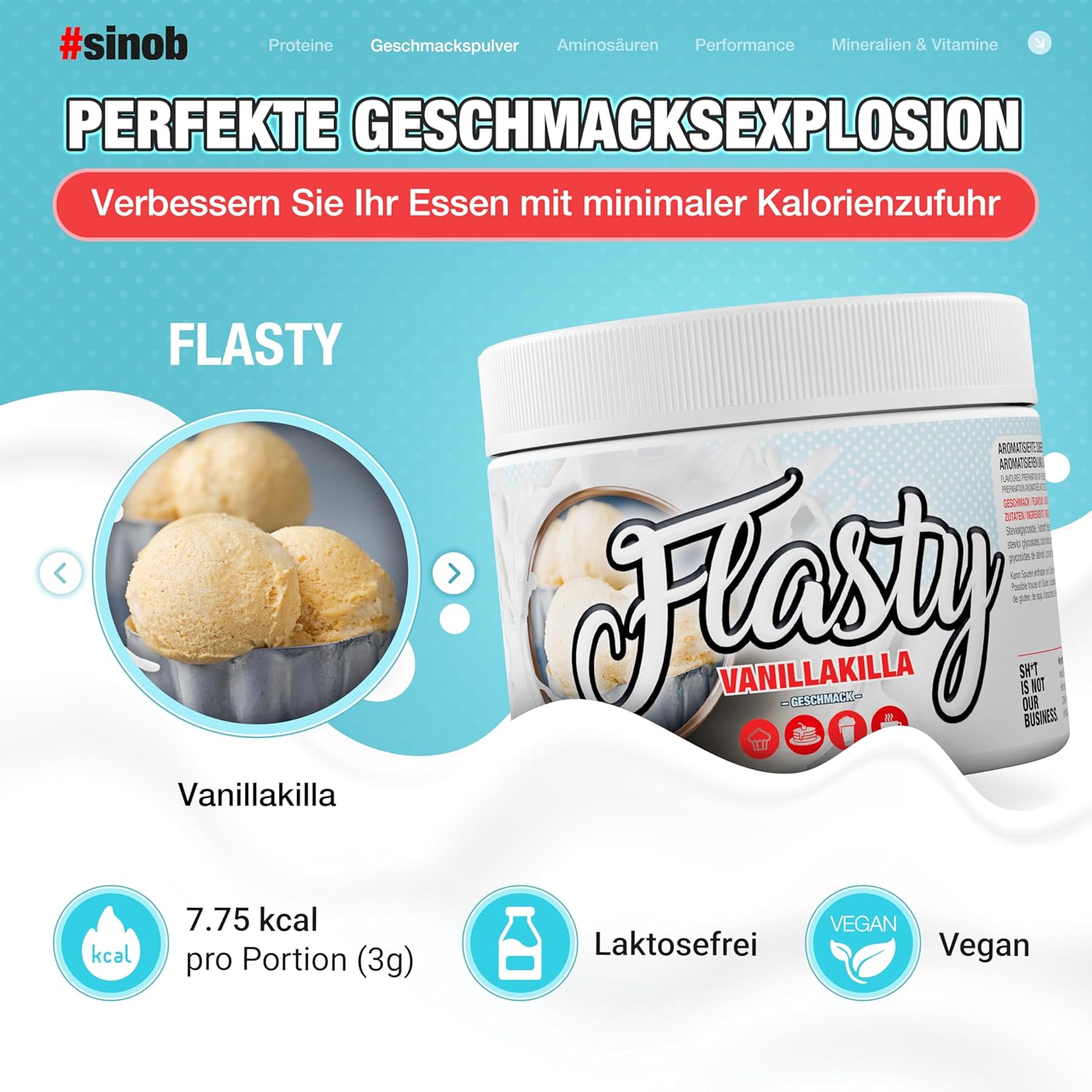 Detalle de sinob Flasty Geschmackspulver Vanille – kalorienarm, glutenfrei und vegan