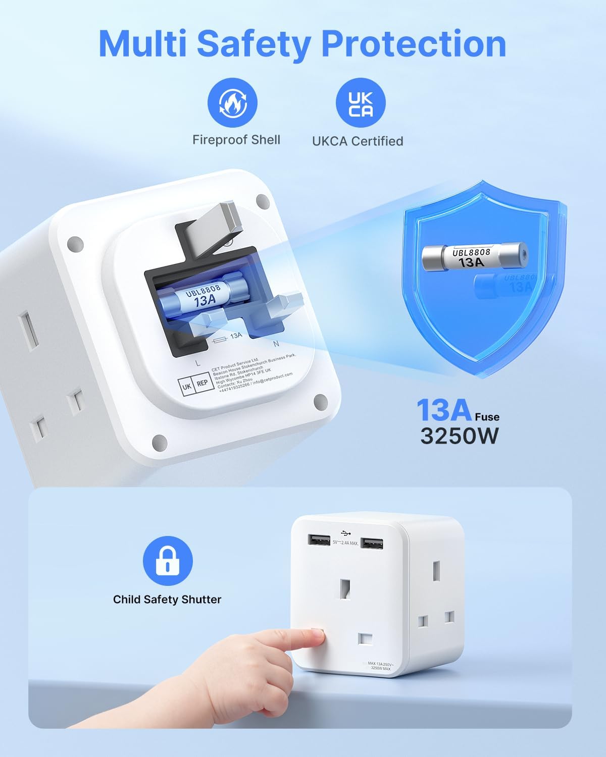 Thumbnail 5 de VINTAR Plug Adaptor with 2 USB and 3-way UK 13A socket extension (White)