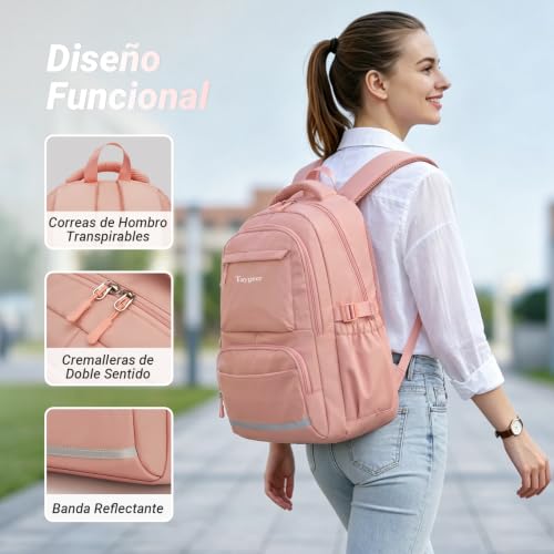 Detalle de Taygeer Mochila Instituto para Mujer Adolescente Rosa, 30L, 0,55 kg, impermeable
