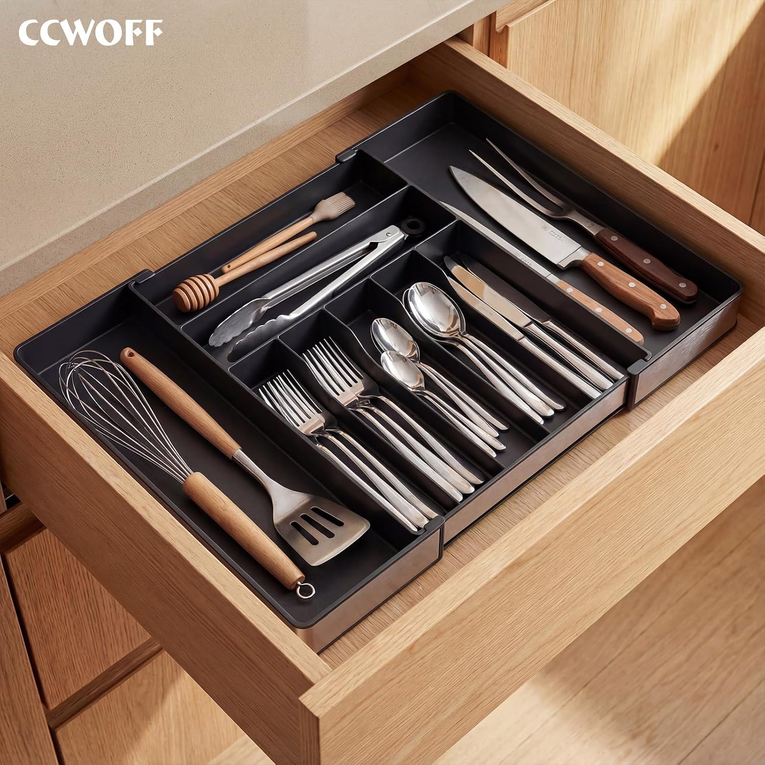Thumbnail 6 de CCWOFF Expandable Silverware Organizer, 9 Compartments, Stainless Steel Frame, Black