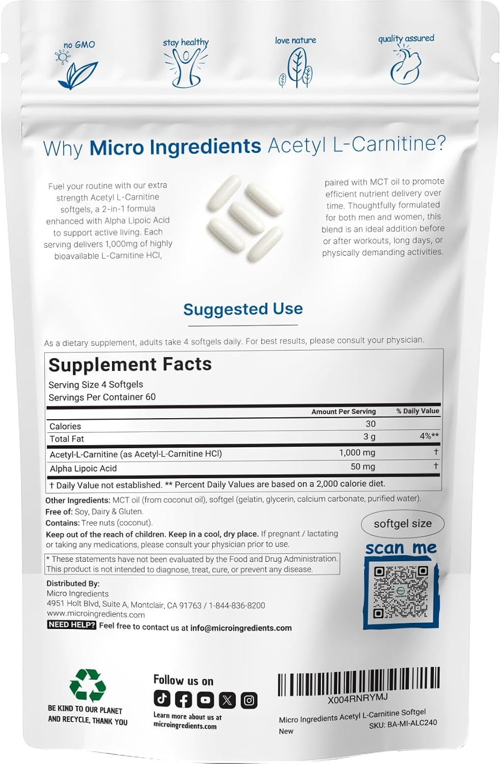 Detalle de Micro Ingredients Acetyl L-Carnitine Supplement 1000 mg